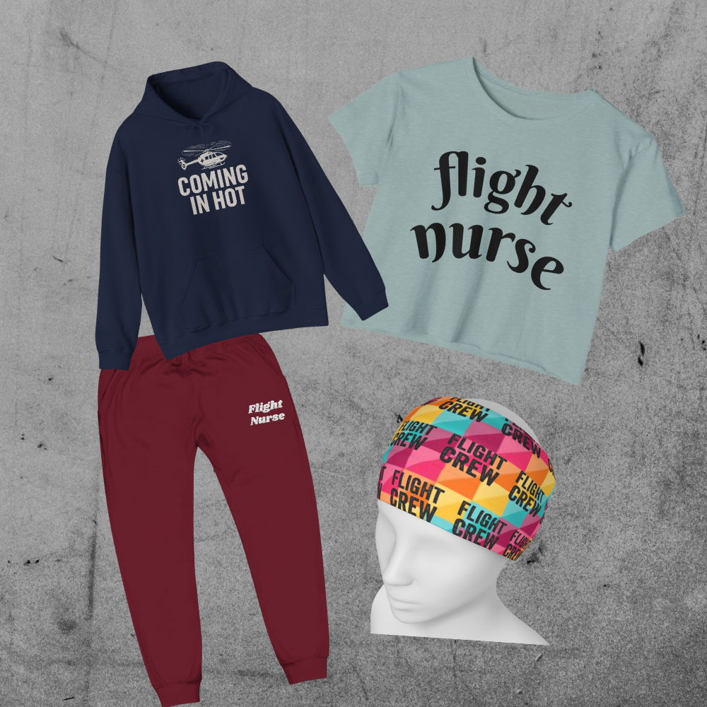 Various flight nurse gifts including a hoodie, joggers, headband, and crop top on a gray background.
