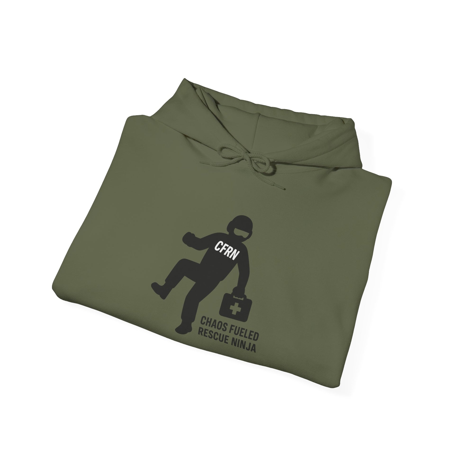 Folded green hoodie with a graphic design of a flight nurse/ninja with "CFRN" on their chest and the text "chaos fueled rescue ninja" on a white background