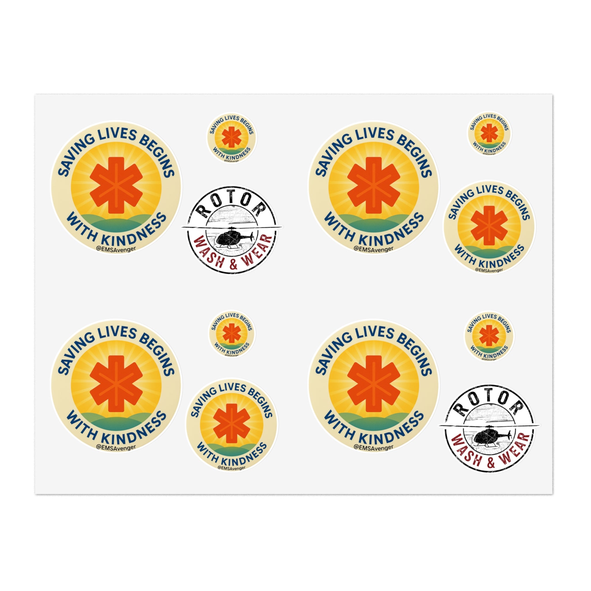 Set of stickers with 'Saving Lives Begins with Kindness' and 'Rotor Wash & Wear' logos on a white background.