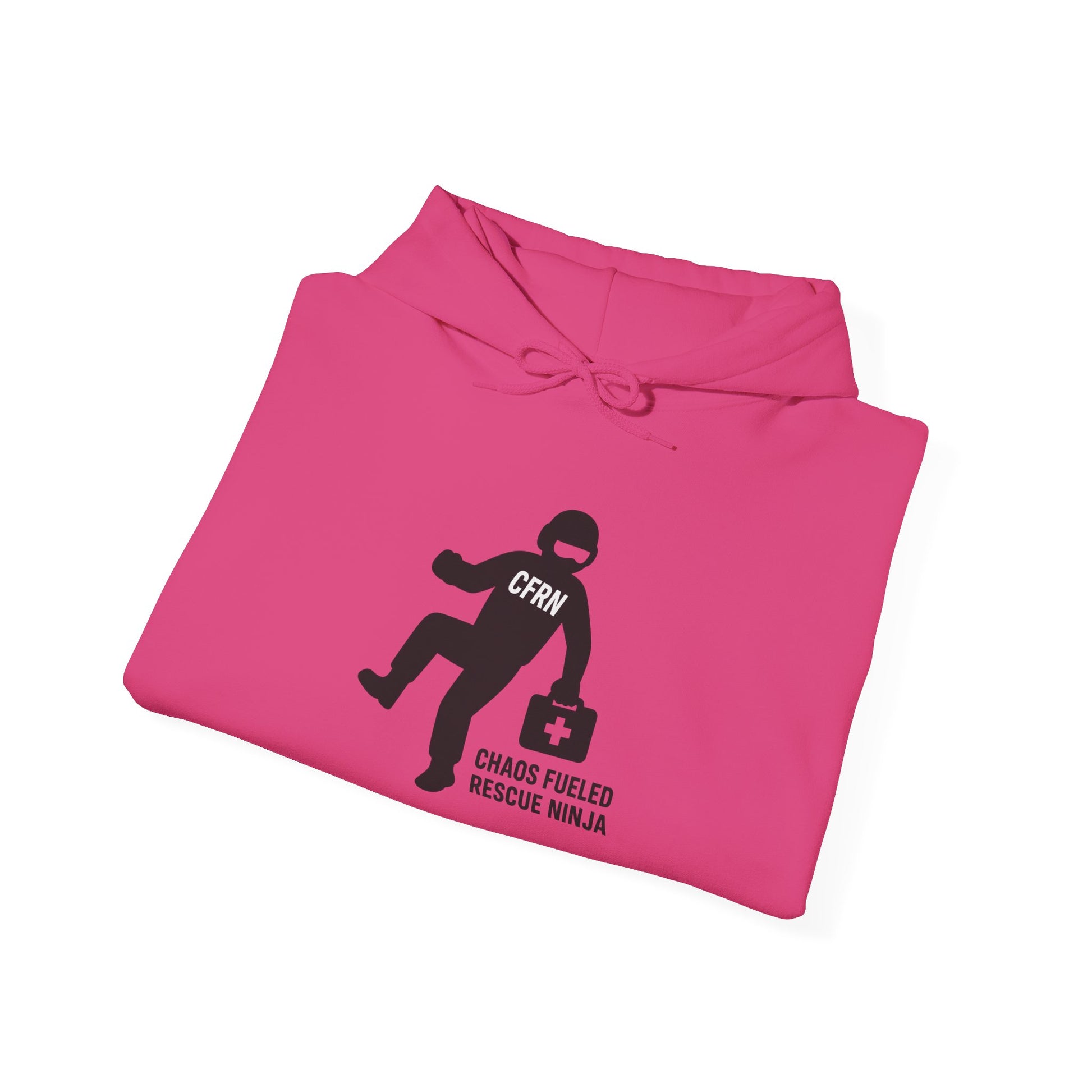 Folded pink hoodie with a graphic design of a flight nurse/ninja with "CFRN" on their chest and the text "chaos fueled rescue ninja" on a white background