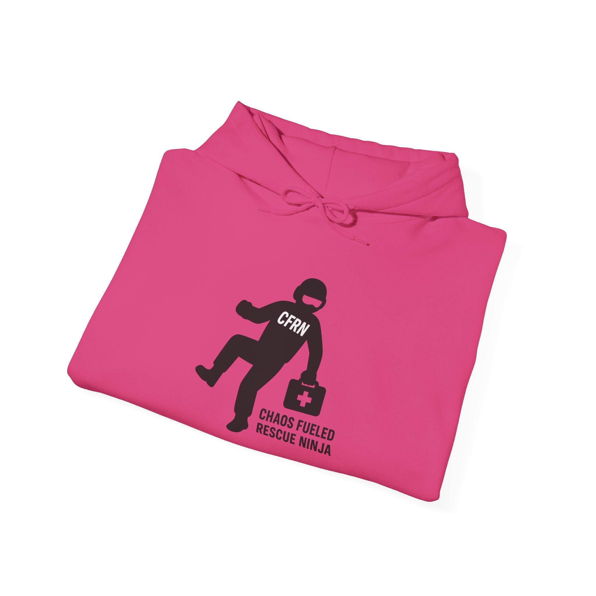 Folded pink hoodie with a graphic design of a flight nurse/ninja with "CFRN" on their chest and the text "chaos fueled rescue ninja" on a white background