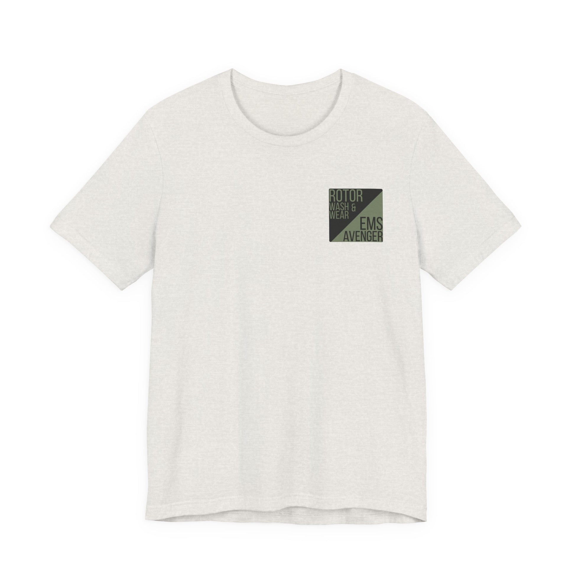 Heather cement t-shirt with a logo on the chest of "Rotor Wash & Wear' and "EMS Avenger" against a white background