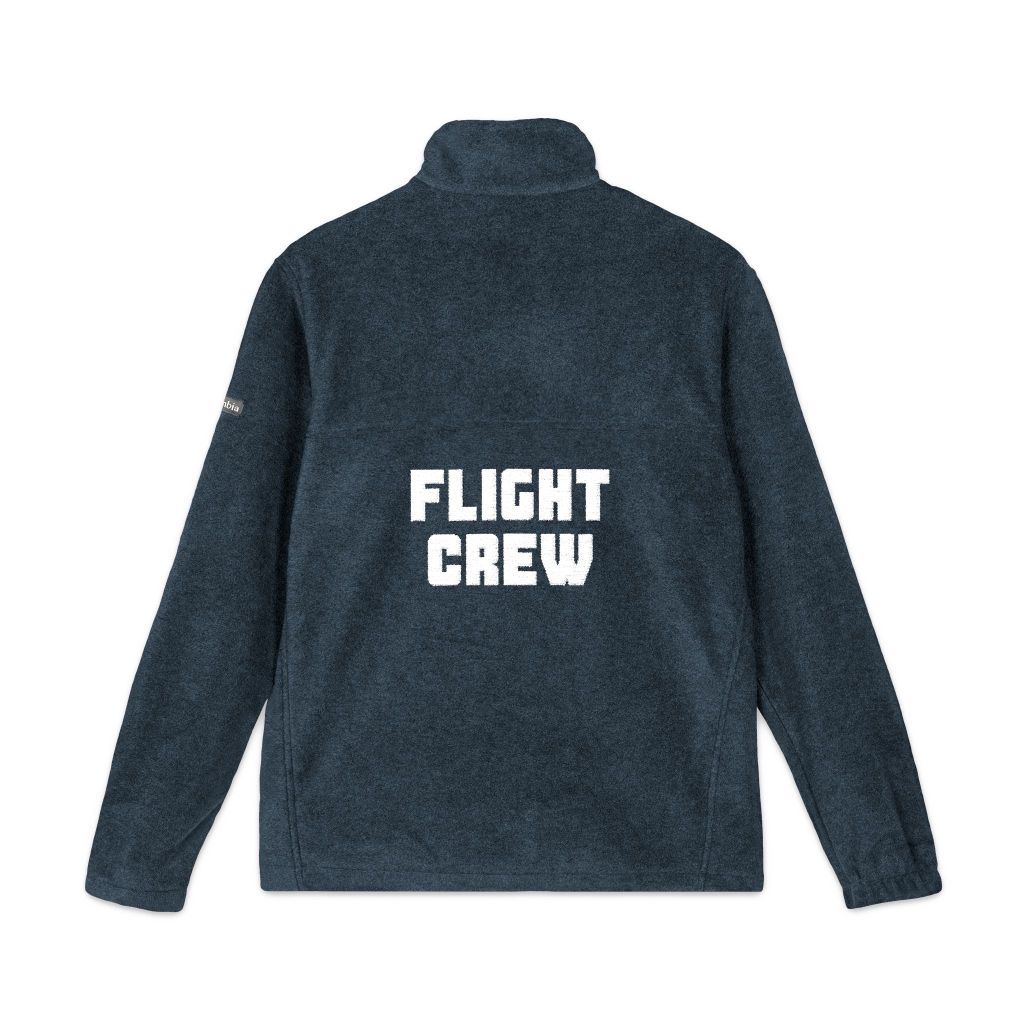Navy blue fleece Columbia  jacket with embroidered 'FLIGHT CREW' text on the back against a white background