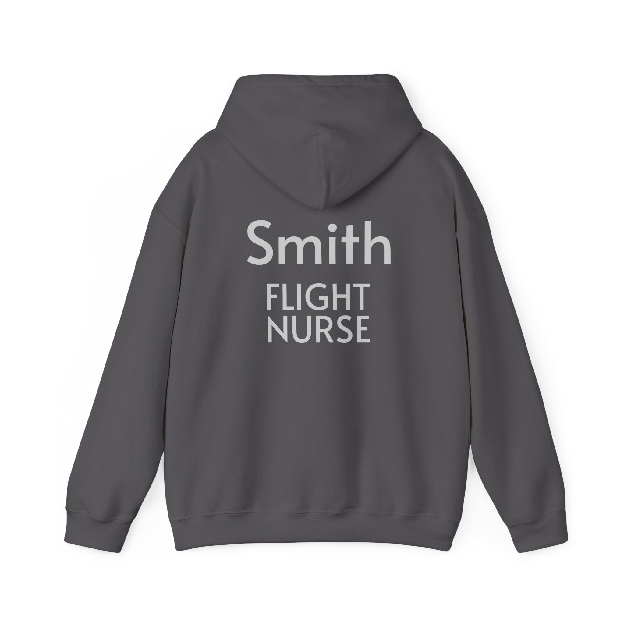 Customizable gray hoodie with 'Smith FLIGHT NURSE' text on the back against a white background