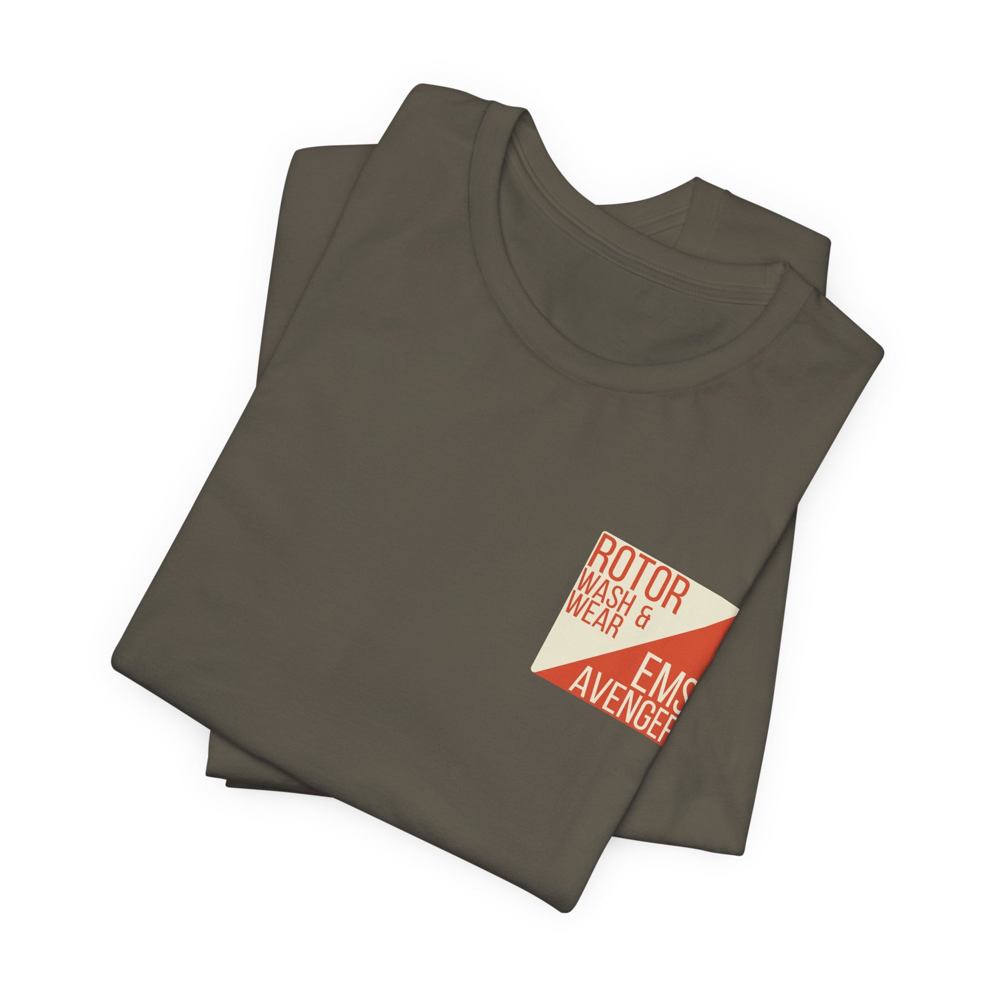 Folded army t-shirt with a logo on the chest of "Rotor Wash & Wear' and "EMS Avenger" against a white background