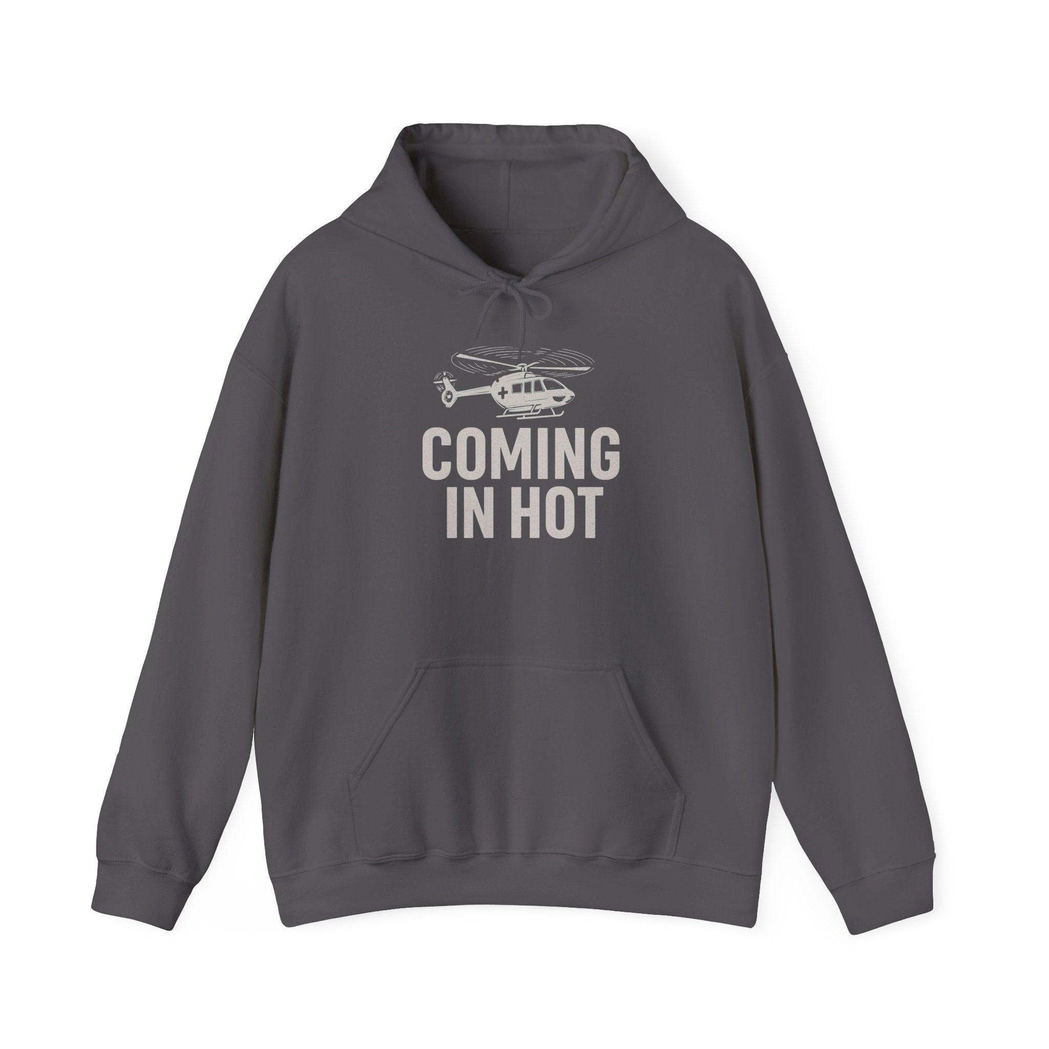 Gray hoodie with helicopter graphic and 'Coming in Hot' text on a white background
