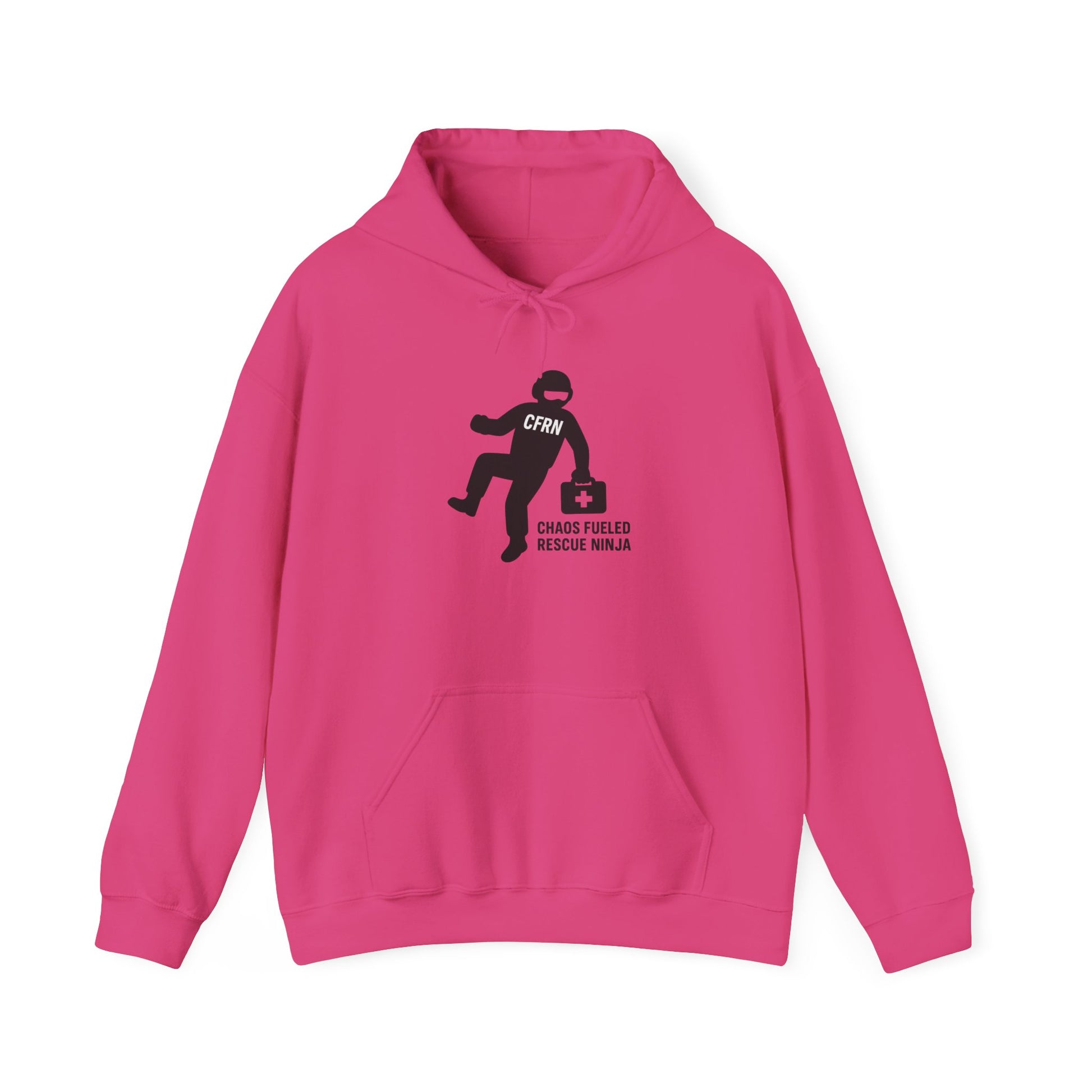 Pink hoodie with a graphic design of a flight nurse/ninja with "CFRN" on their chest and the text "chaos fueled rescue ninja" on a white background