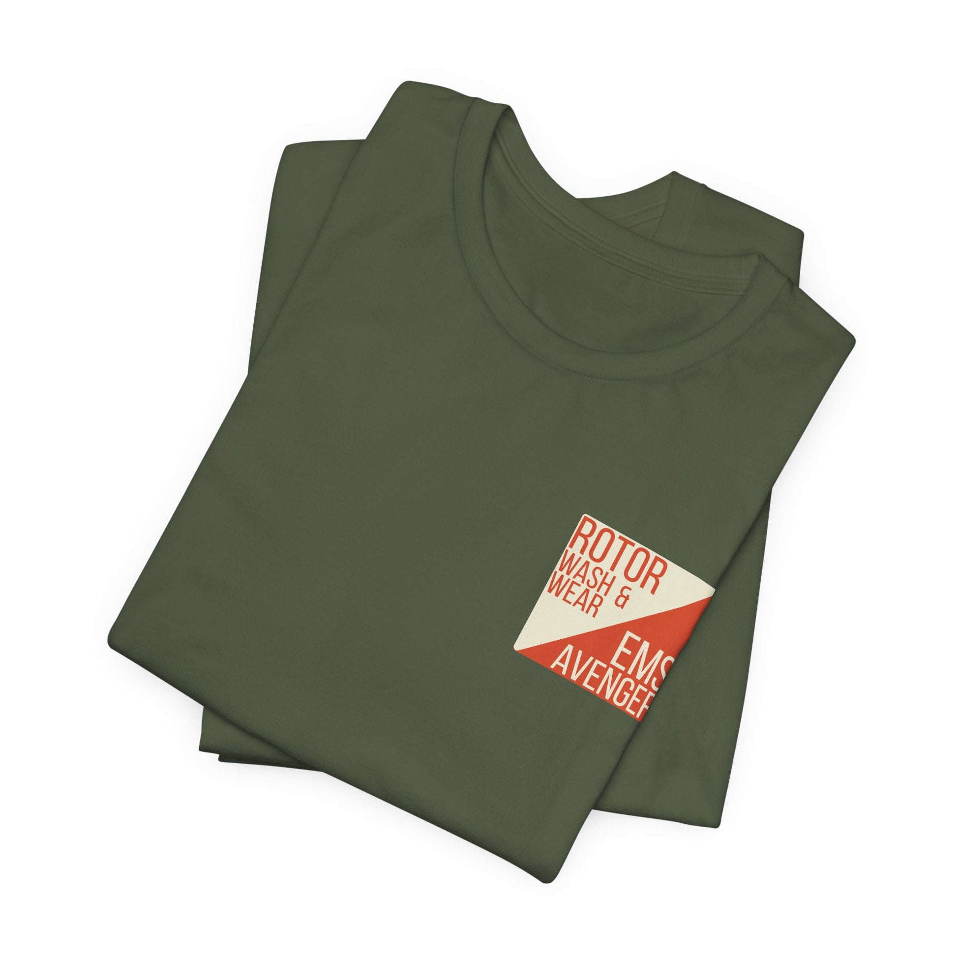 Folded green t-shirt with a logo on the chest of "Rotor Wash & Wear' and "EMS Avenger" against a white background
