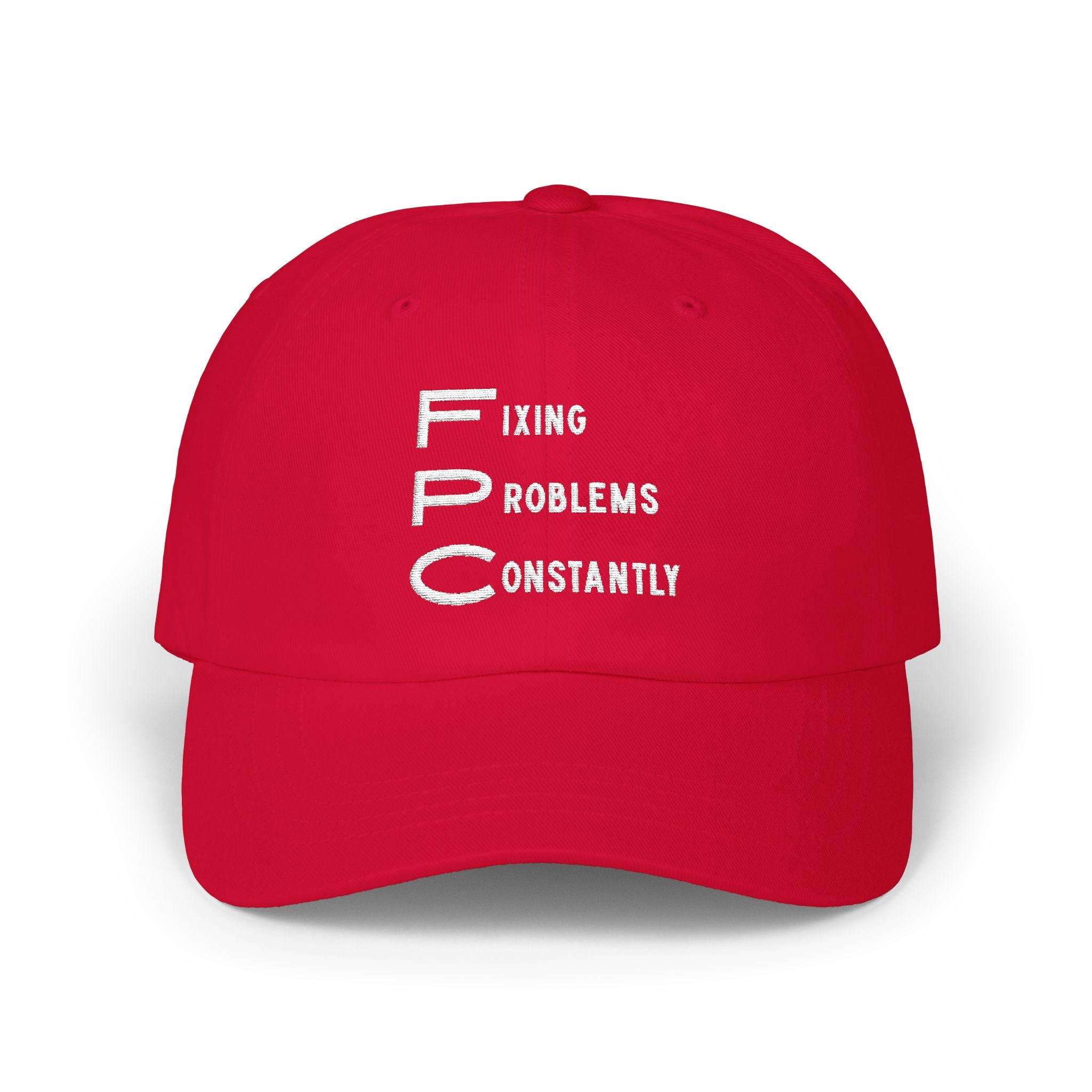 Red cap with white text 'FPC: Fixing Problems Constantly' on a white background