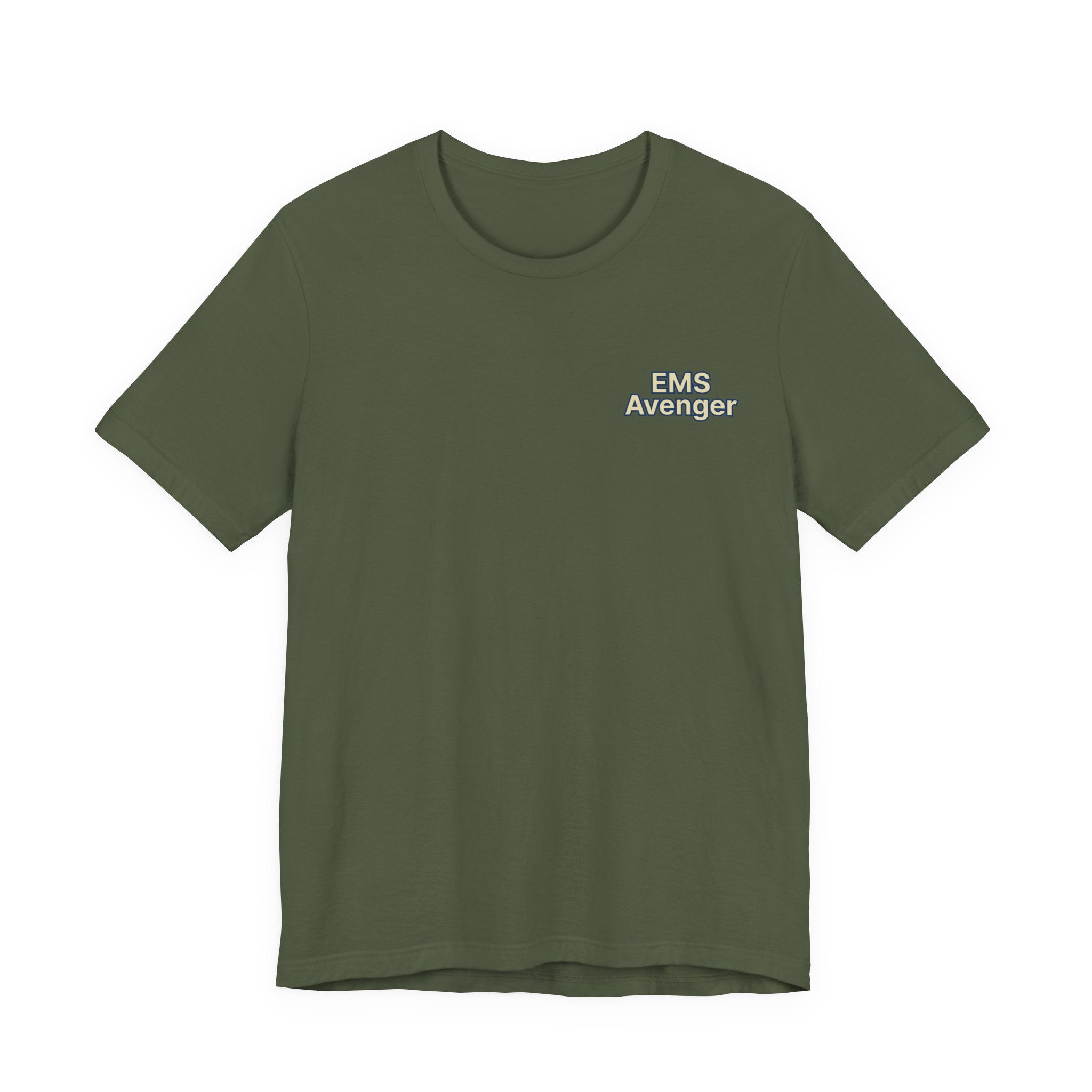 Green t-shirt with 'EMS Avenger' text on a white background by Rotor Wash & Wear