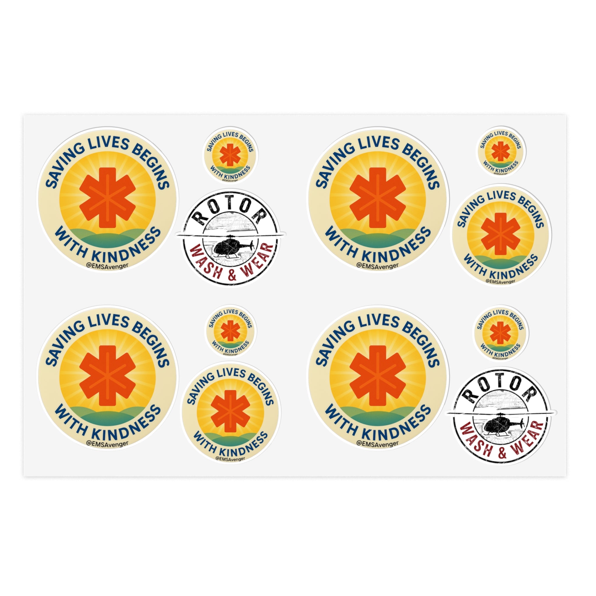 Set of stickers with 'Saving Lives Begins with Kindness' and 'Rotor Wash & Wear' logos on a white background.