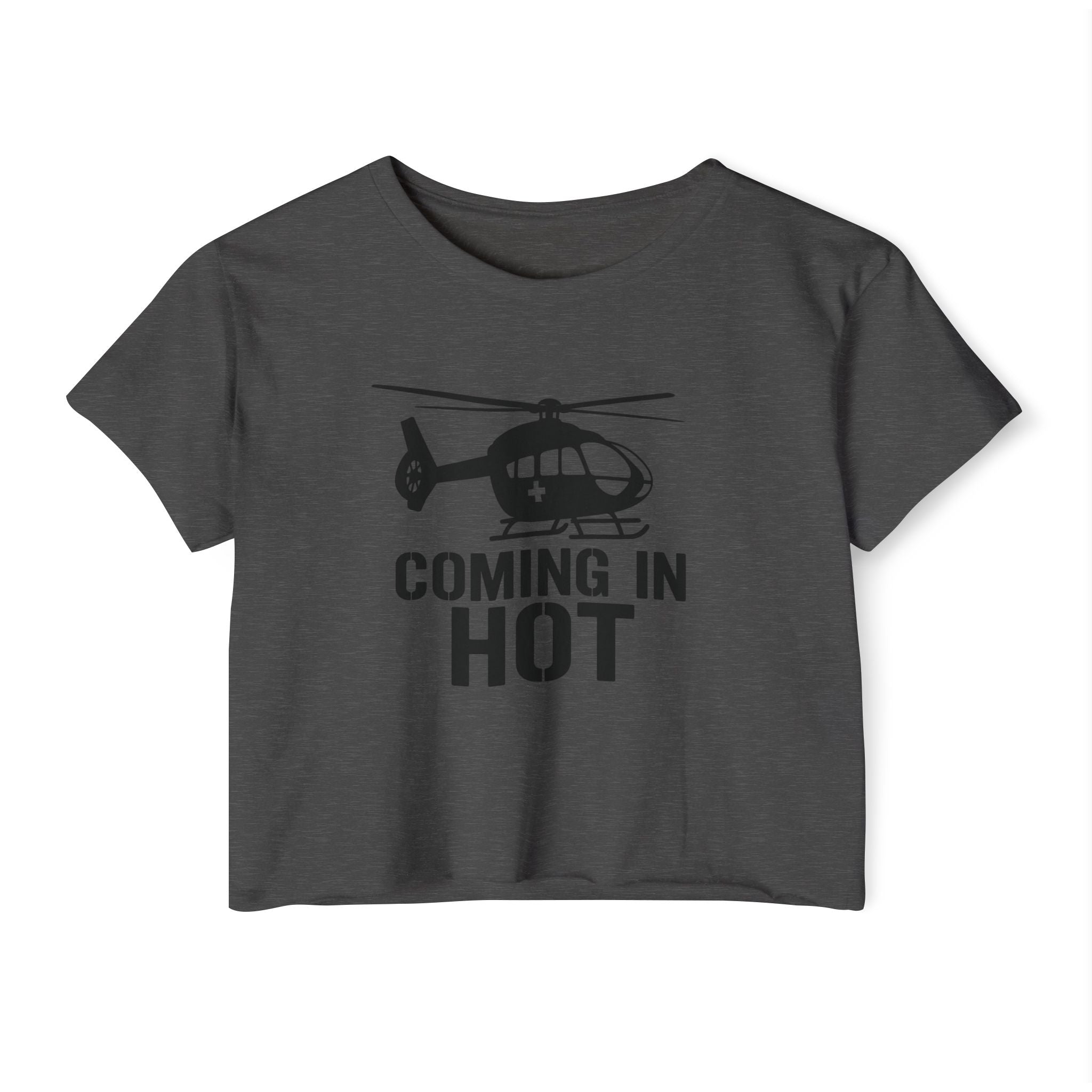 Dark gray crop top with helicopter graphic and text 'COMING IN HOT' on a white background