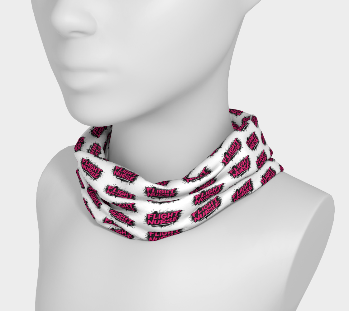 White neck gaiter with 'Flight Nurse' pattern on a mannequin head.
