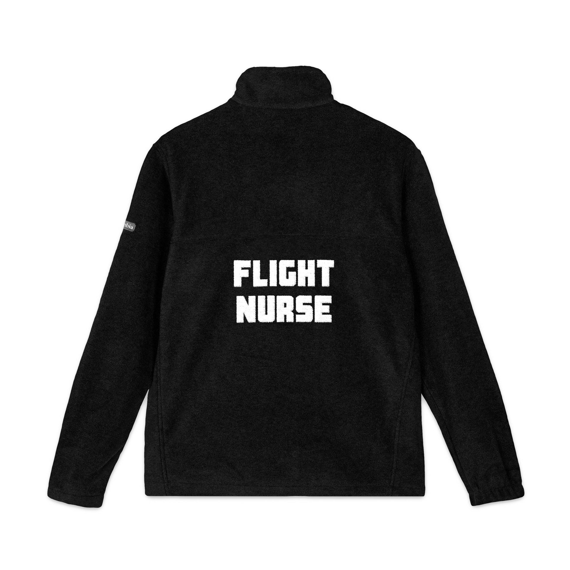 Black Columbia fleece jacket with 'FLIGHT NURSE' text on the back against a white background