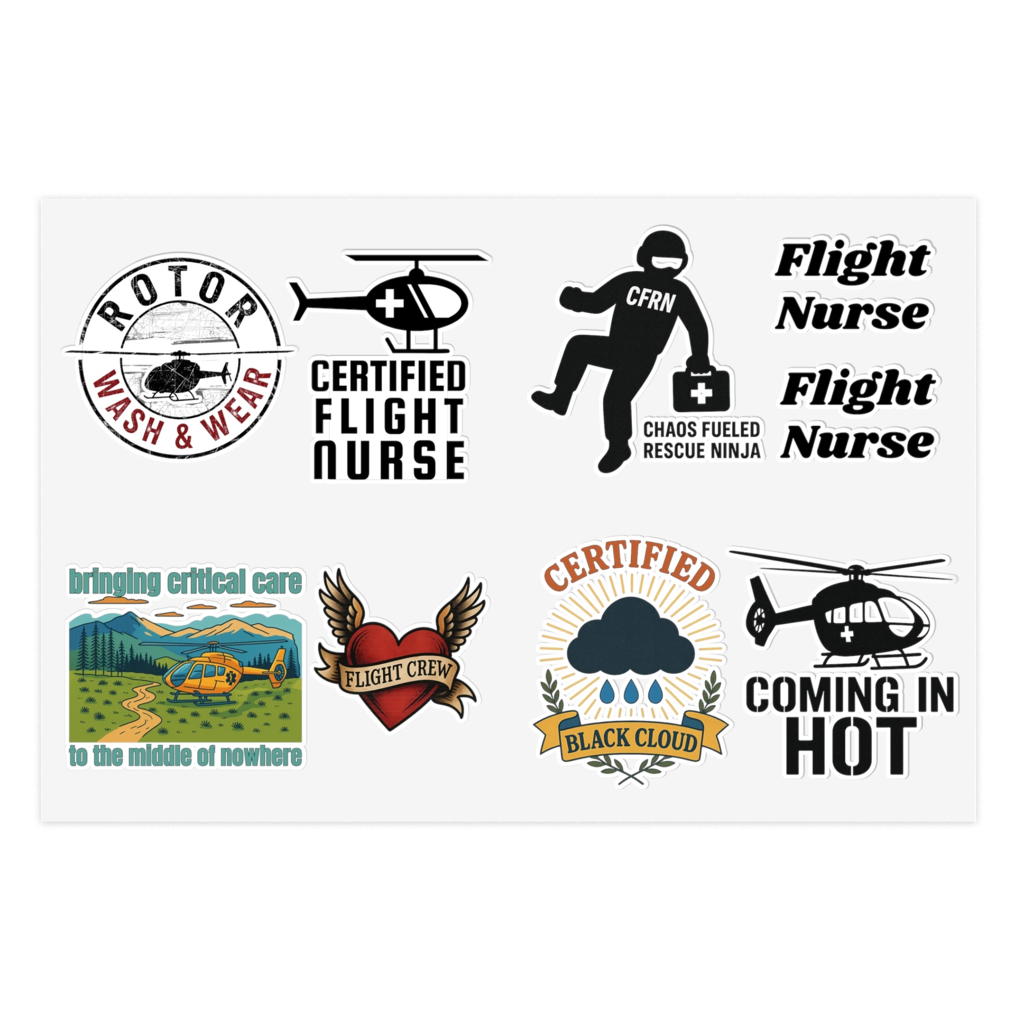 Collection of CFRN flight nurse-themed stickers on a white background by Rotor Wash & Wear