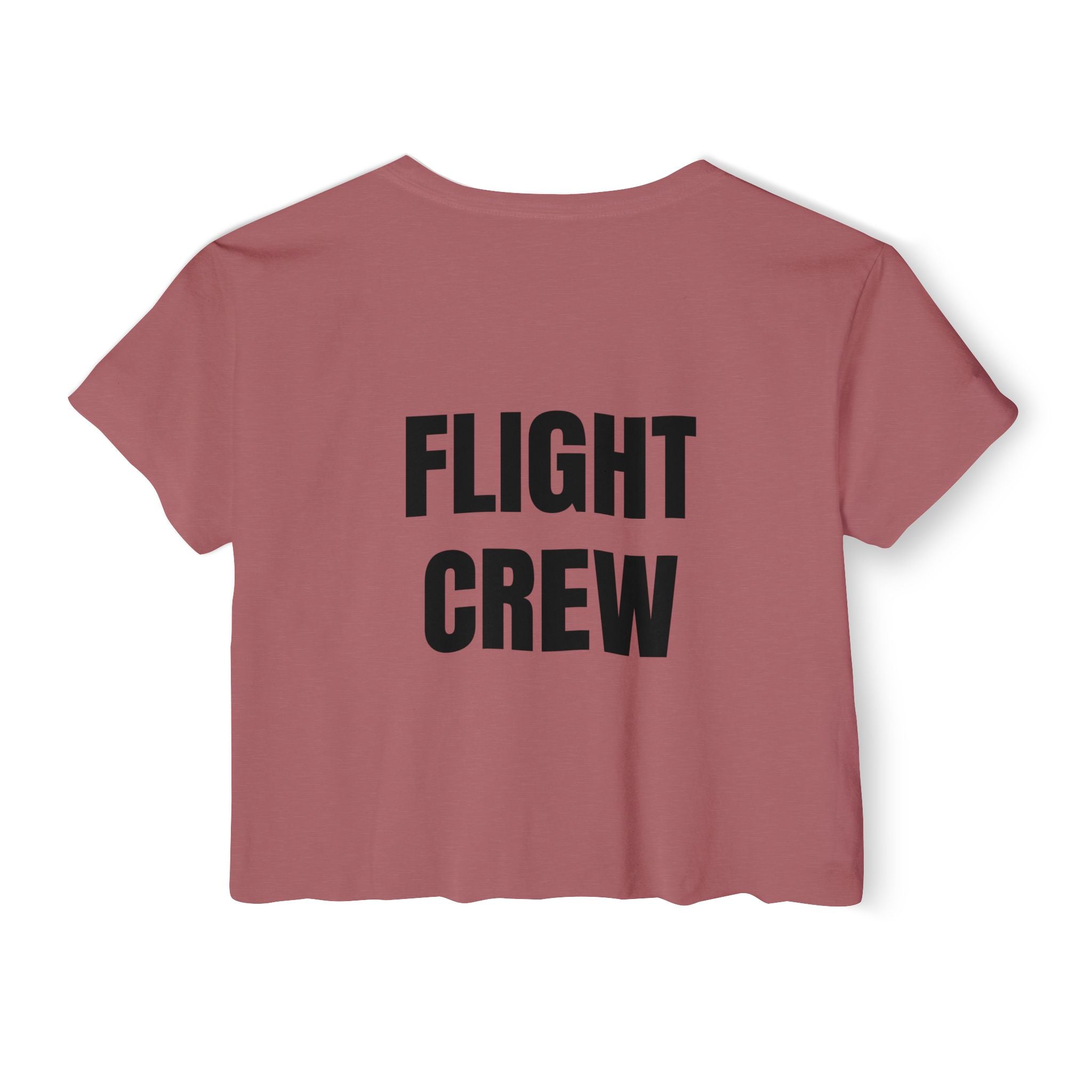 Pink crop top with 'FLIGHT CREW' text on a white background