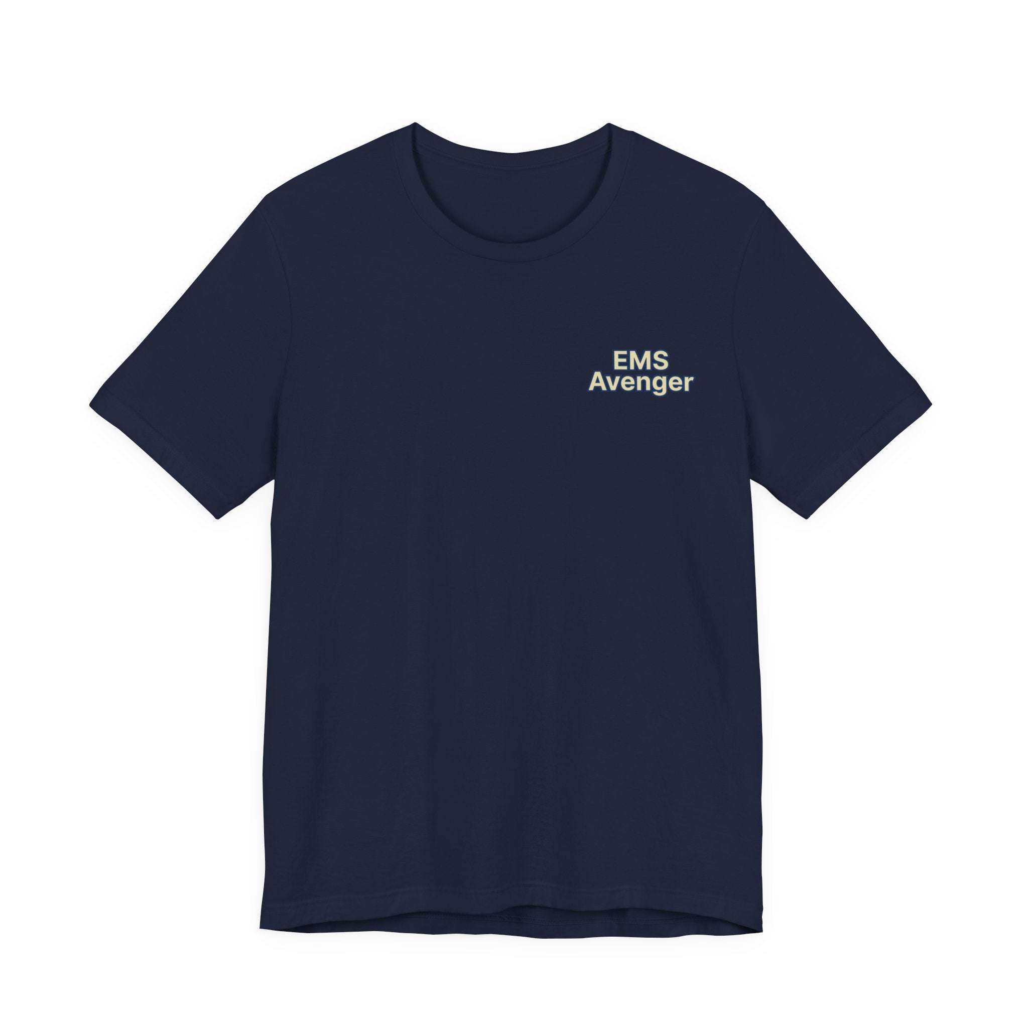Navy blue t-shirt with 'EMS Avenger' text on a white background by Rotor Wash & Wear