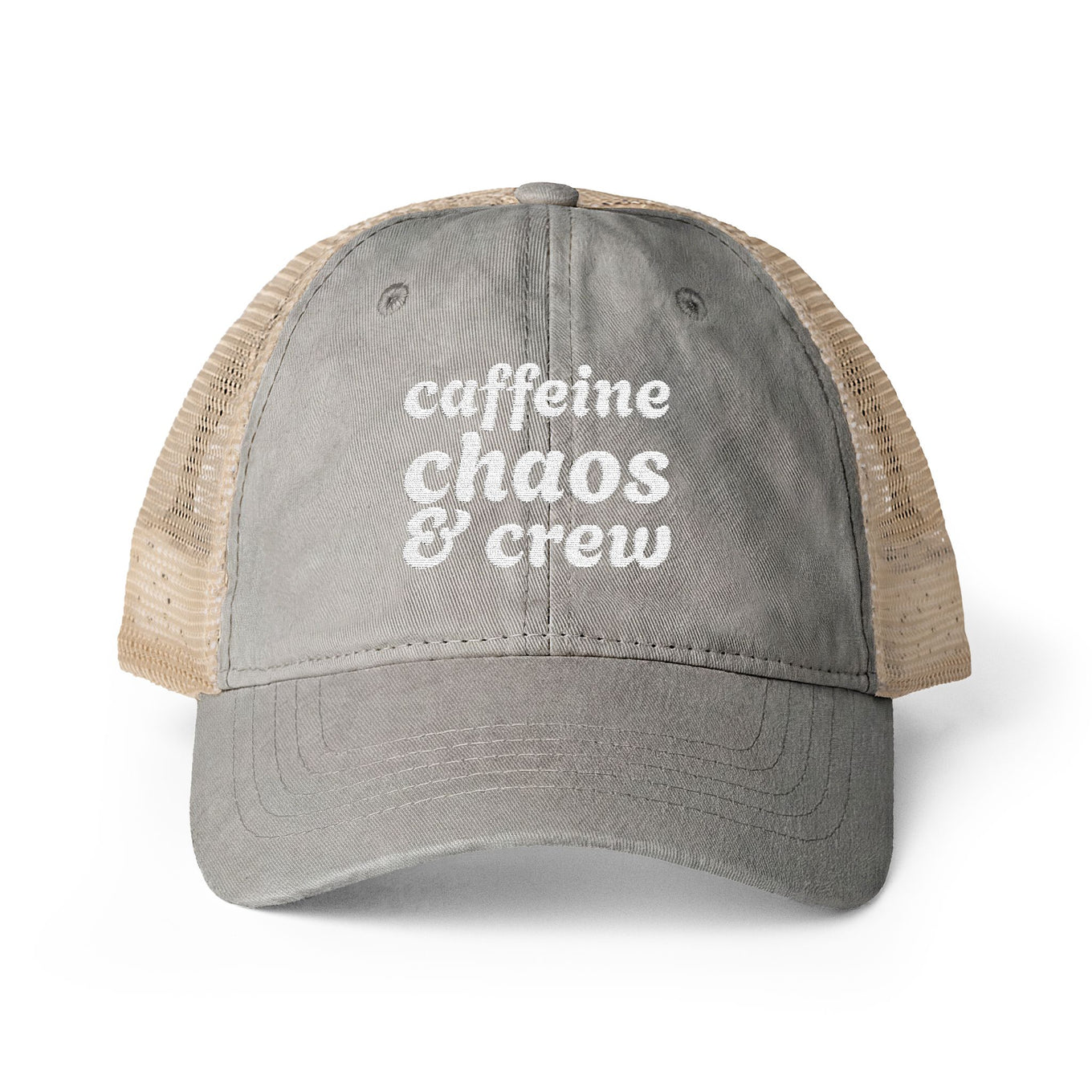 Women's "Caffeine, Chaos & Crew" Embroidered Trucker Hat
