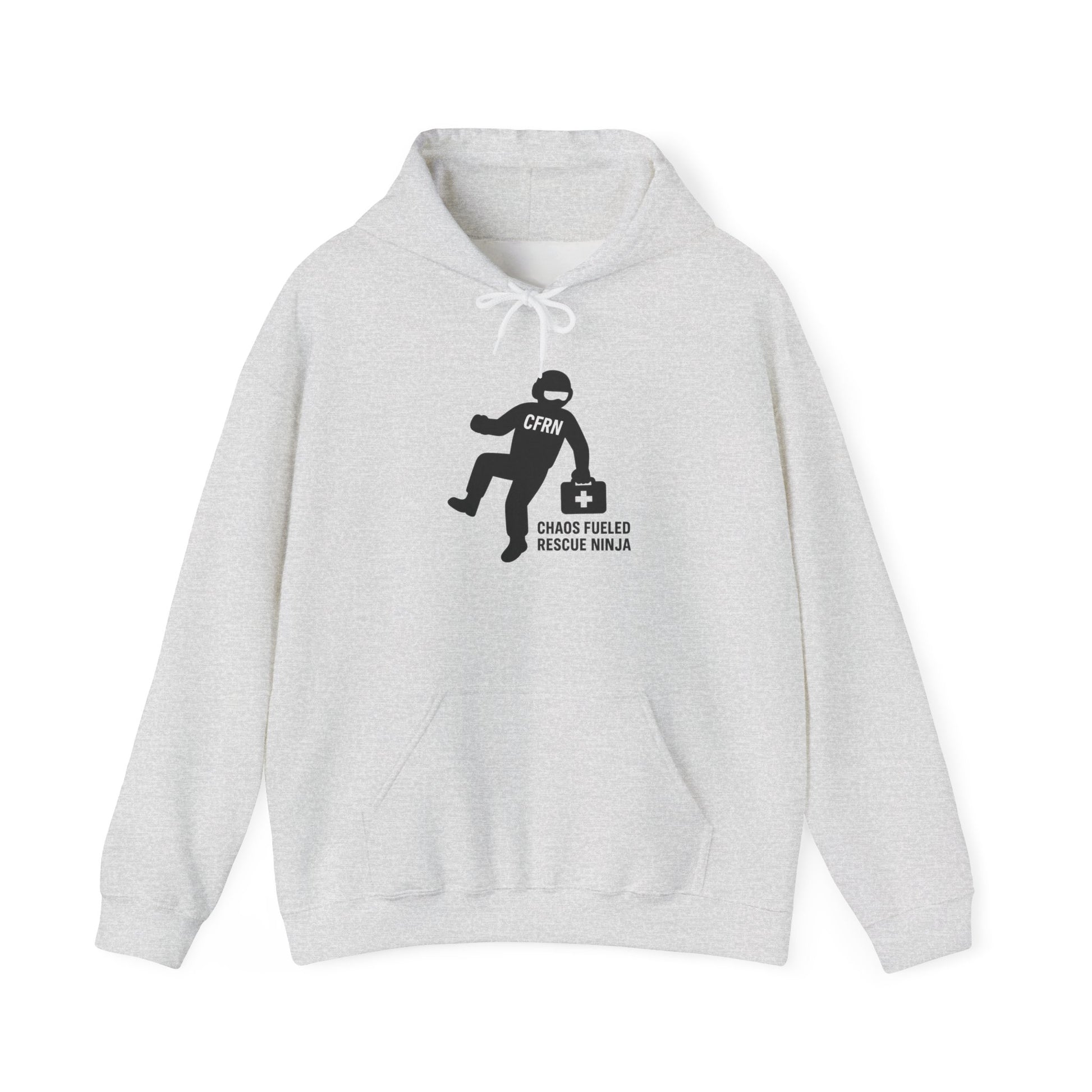 Light gray hoodie with a graphic design of a flight nurse/ninja with "CFRN" on their chest and the text "chaos fueled rescue ninja" on a white background by Rotor Wash & Wear
