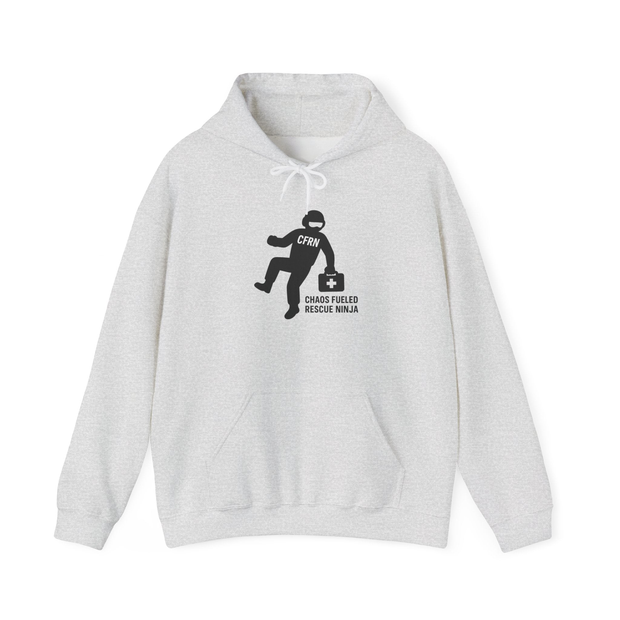 Light gray hoodie with a graphic design of a flight nurse/ninja with "CFRN" on their chest and the text "chaos fueled rescue ninja" on a white background by Rotor Wash & Wear