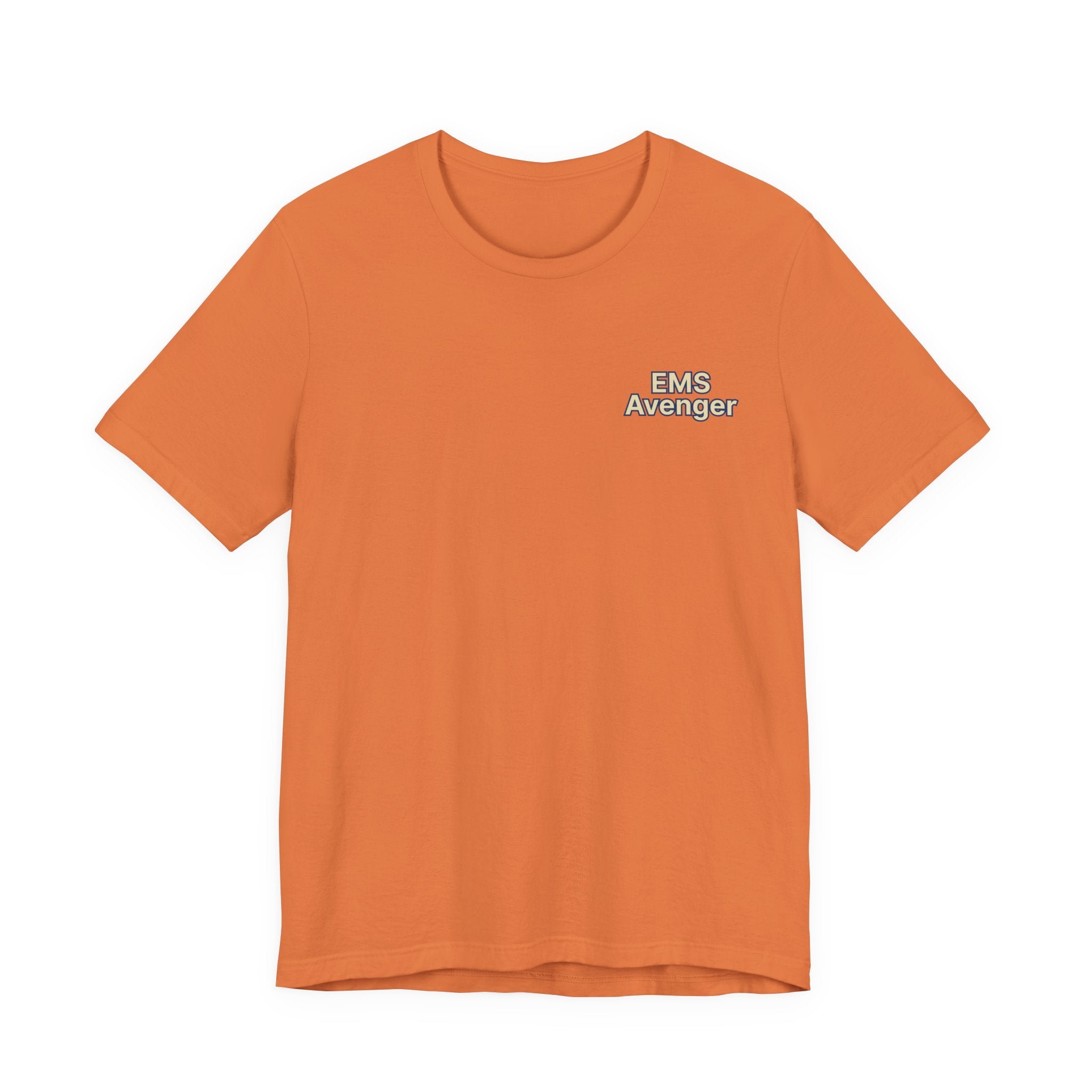 Orange t-shirt with 'EMS Avenger' text on a white background by Rotor Wash & Wear