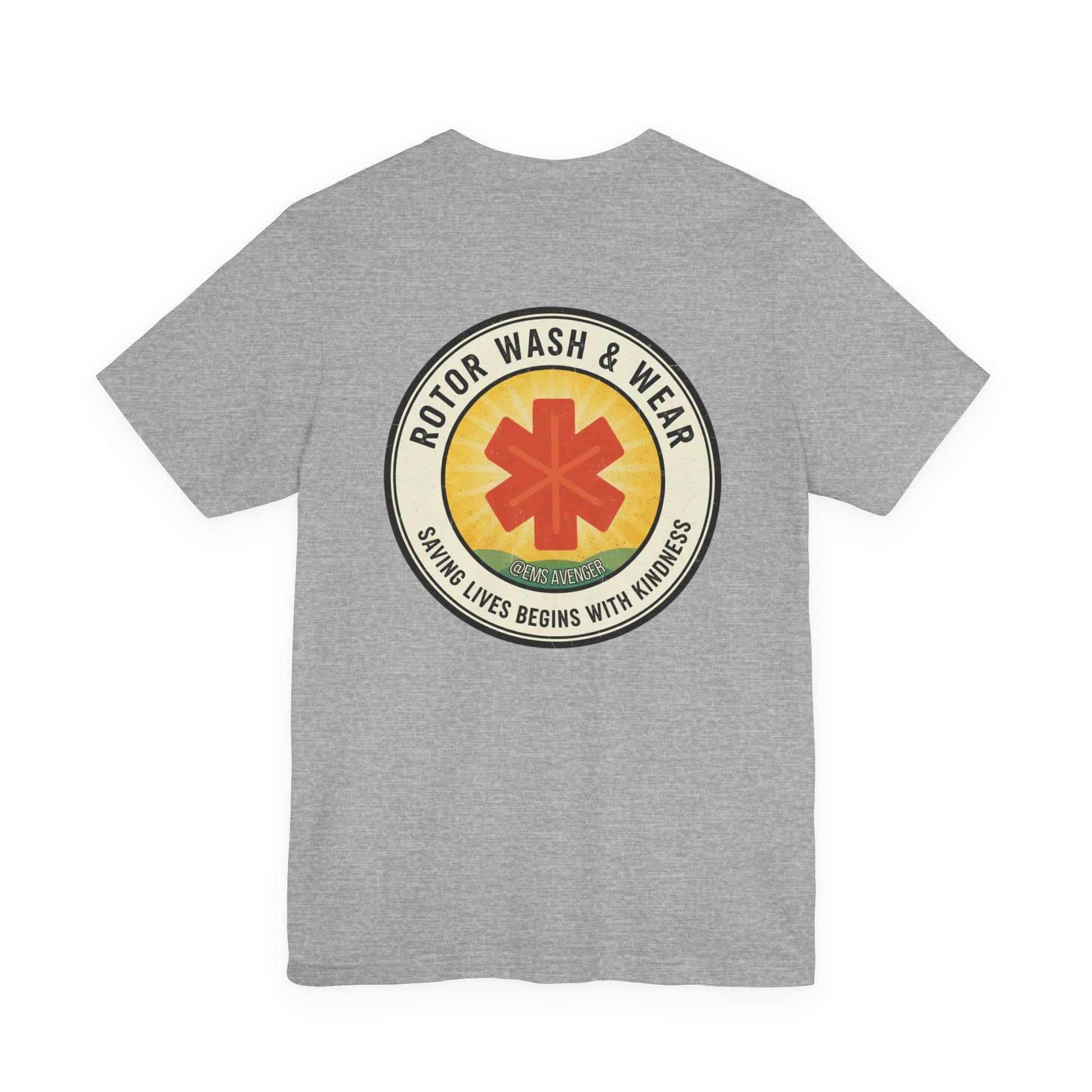 Gray t-shirt with a logo for "Rotor Wash & Wear" and EMS Avenger with text "Saving lives begins with kindness" on the back on a white background