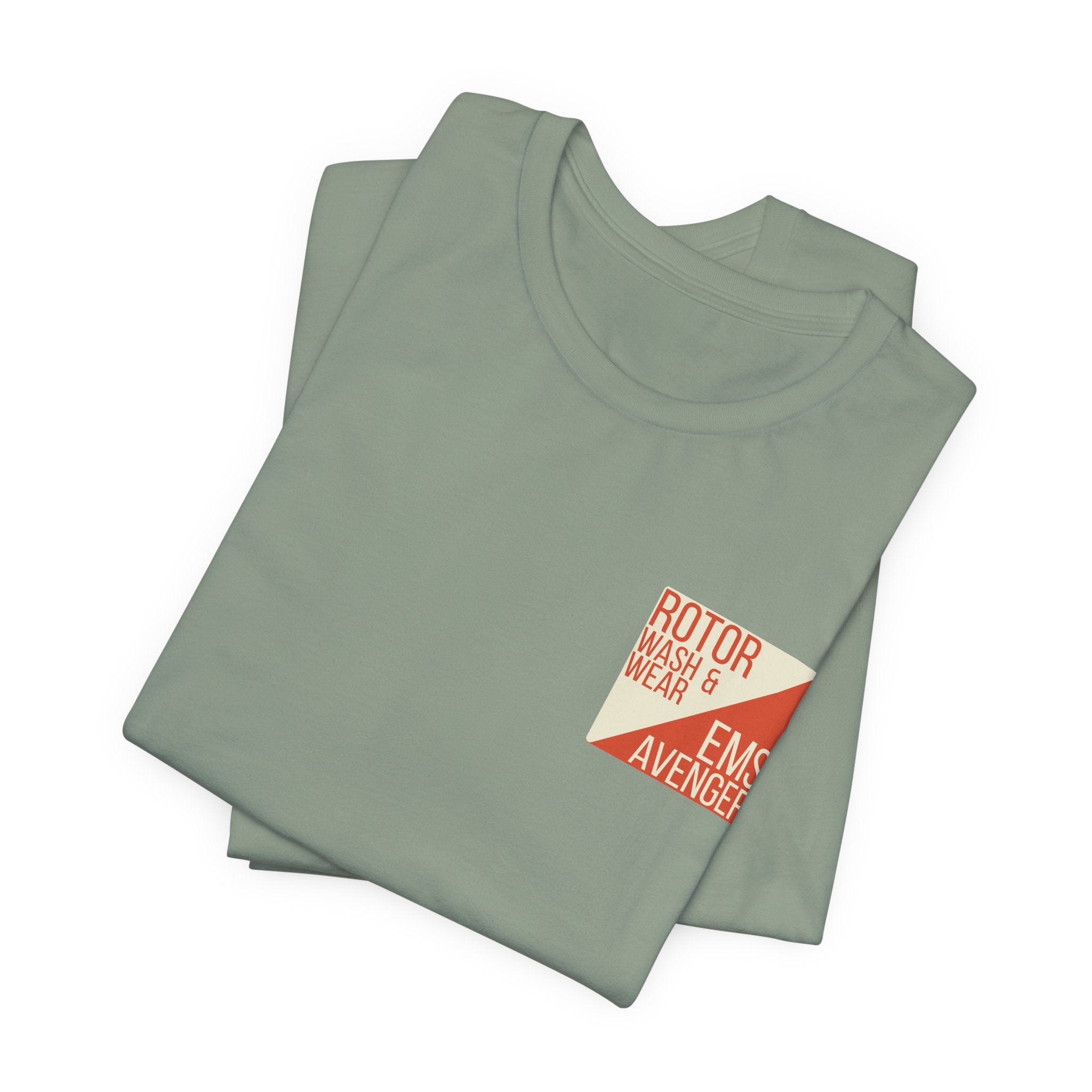 Folded green t-shirt with a logo on the chest of "Rotor Wash & Wear' and "EMS Avenger" against a white background