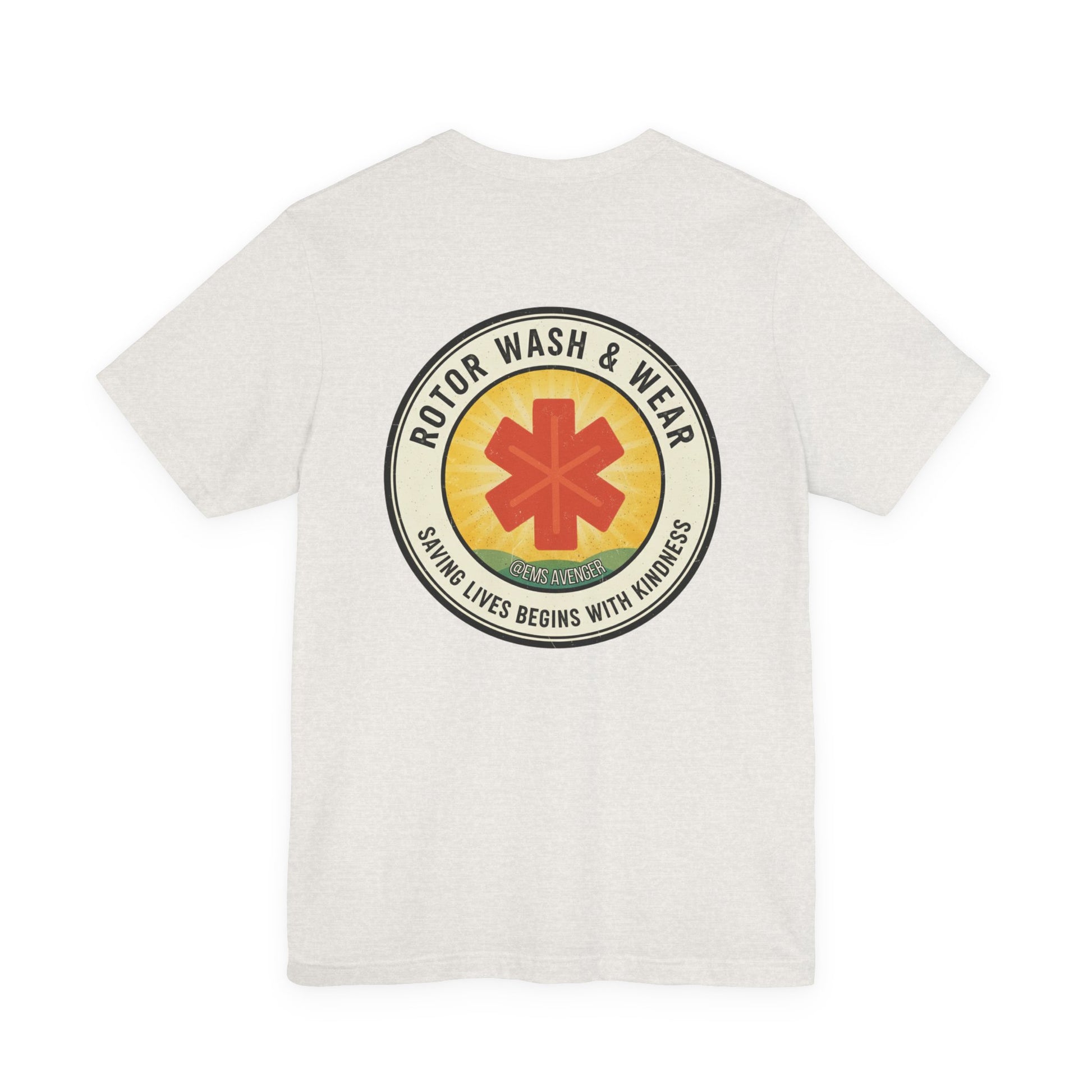 Heather cement t-shirt with a logo for "Rotor Wash & Wear" and EMS Avenger with text "Saving lives begins with kindness" on the back on a white background