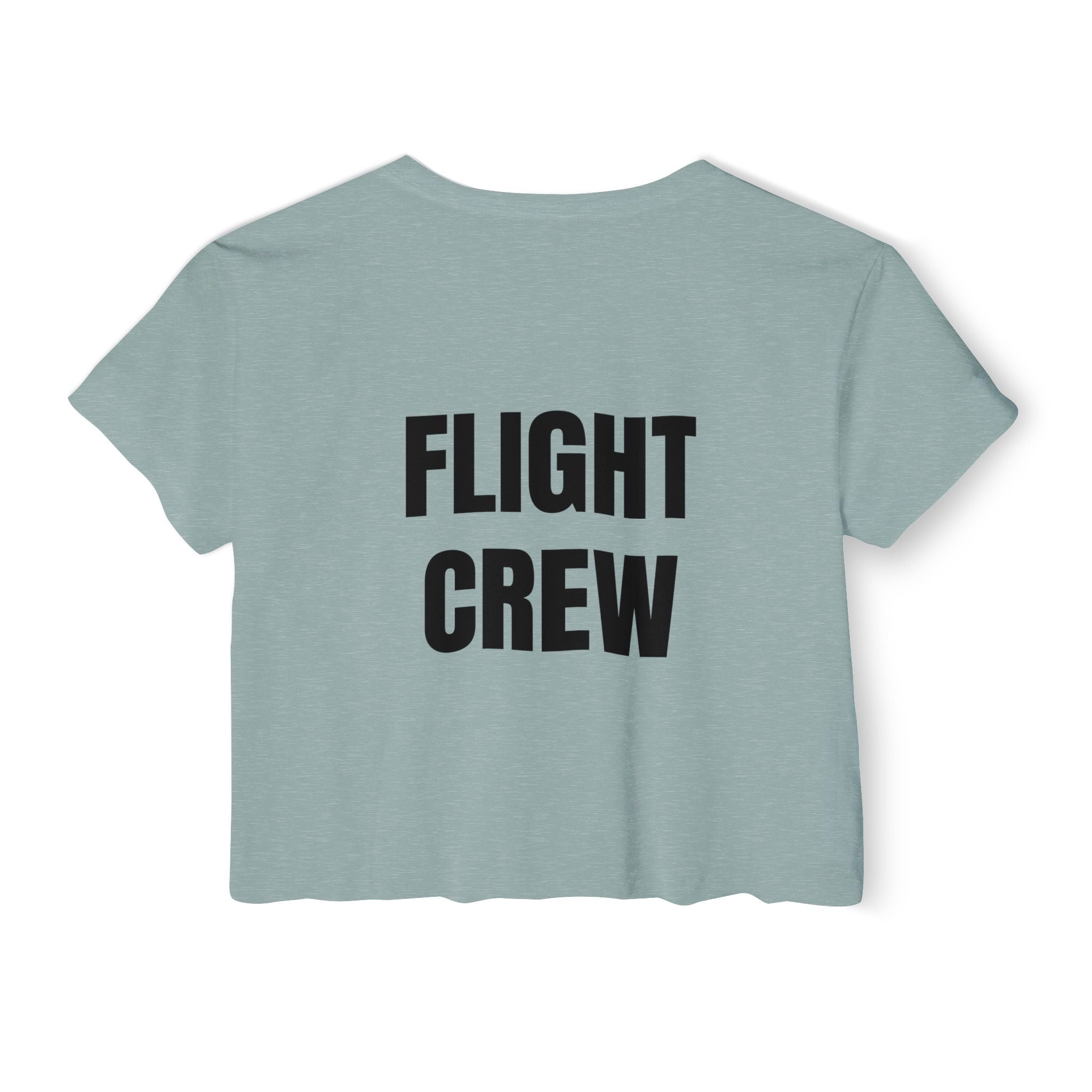 Light green crop top with 'FLIGHT CREW' text on the back against a white background