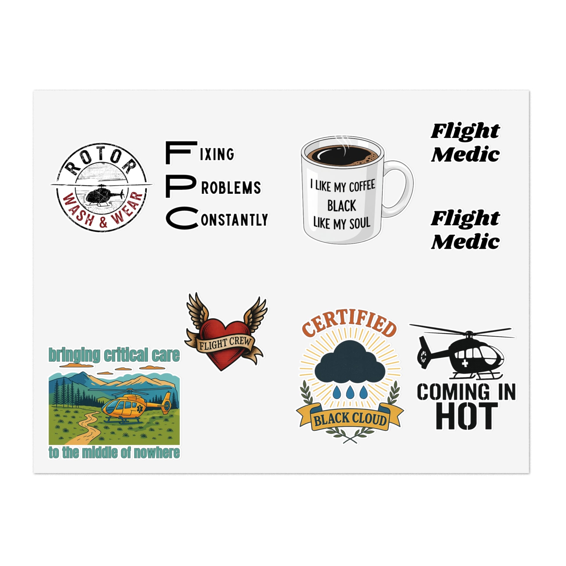Collection of stickers with various flight helicopter designs for FPC Paramedic on a white background by Rotor Wash & Wear