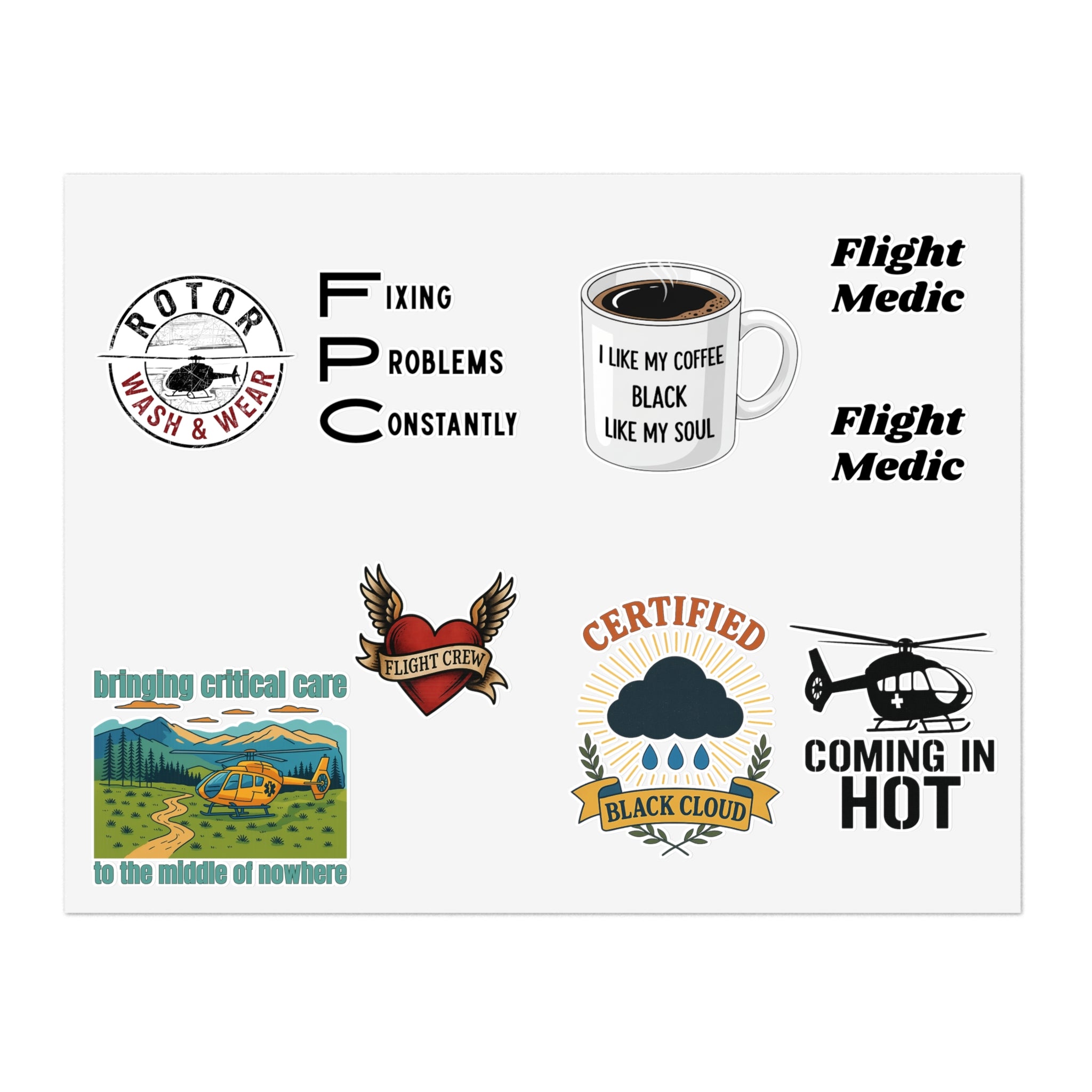 Collection of stickers with various flight helicopter designs for FPC Paramedic on a white background by Rotor Wash & Wear
