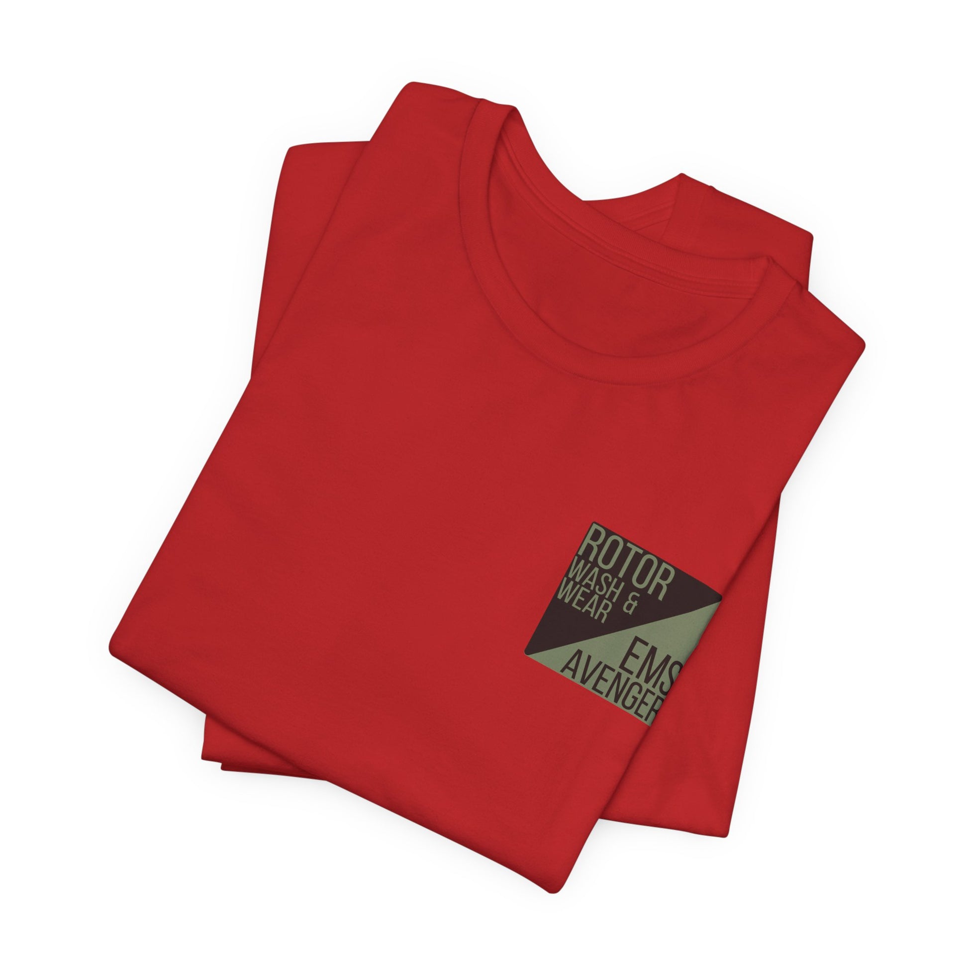 Folded red t-shirt with a logo on the chest of "Rotor Wash & Wear' and "EMS Avenger" against a white background