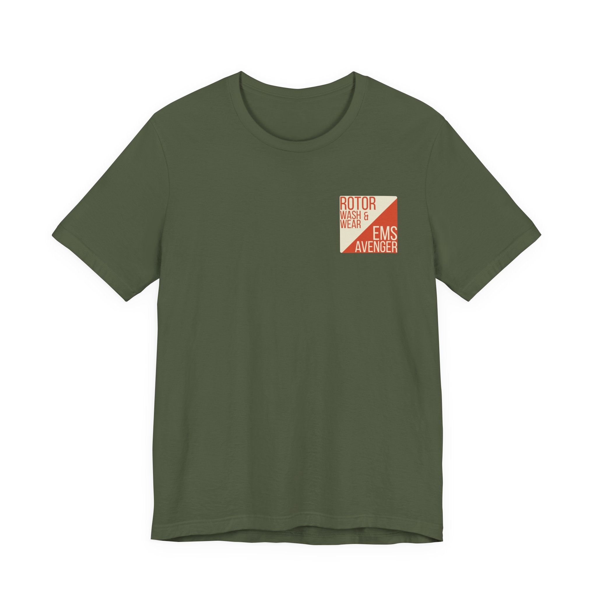 Military green t-shirt with a logo on the chest of "Rotor Wash & Wear' and "EMS Avenger" against a white background