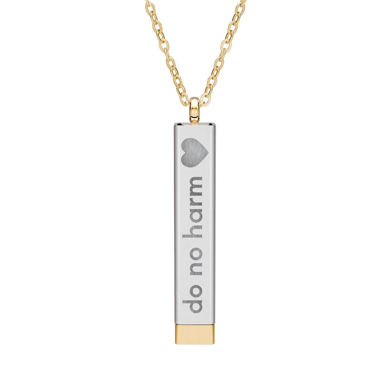 Silver and gold two-toned necklace with a cylindrical pendant engraved with 'do no harm' with interior engraving "but take no shit" by Rotor Wash & Wear