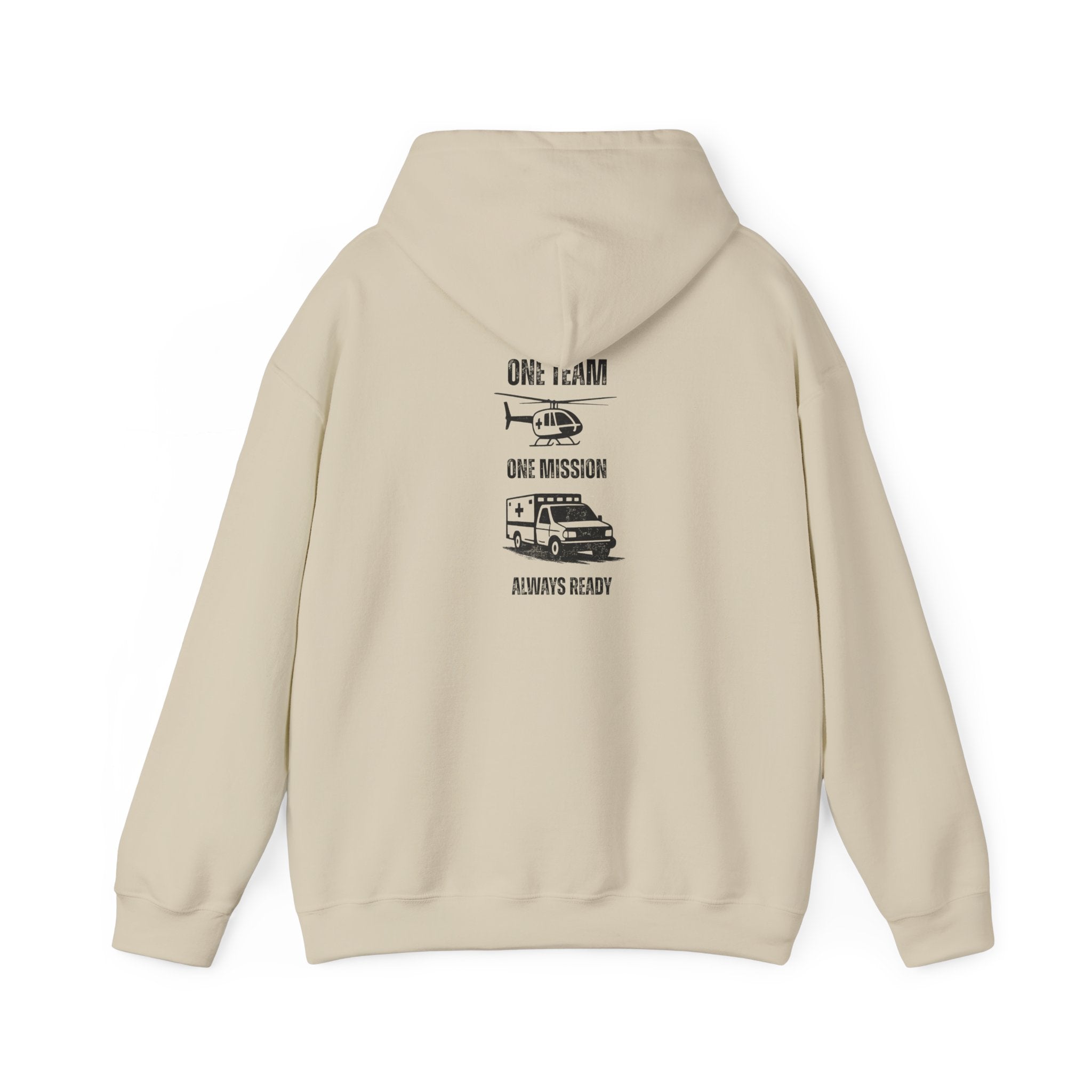 Beige hoodie with black text "One team, one mission, always ready" with medical helicopter and ambulance graphics on the back against a white background