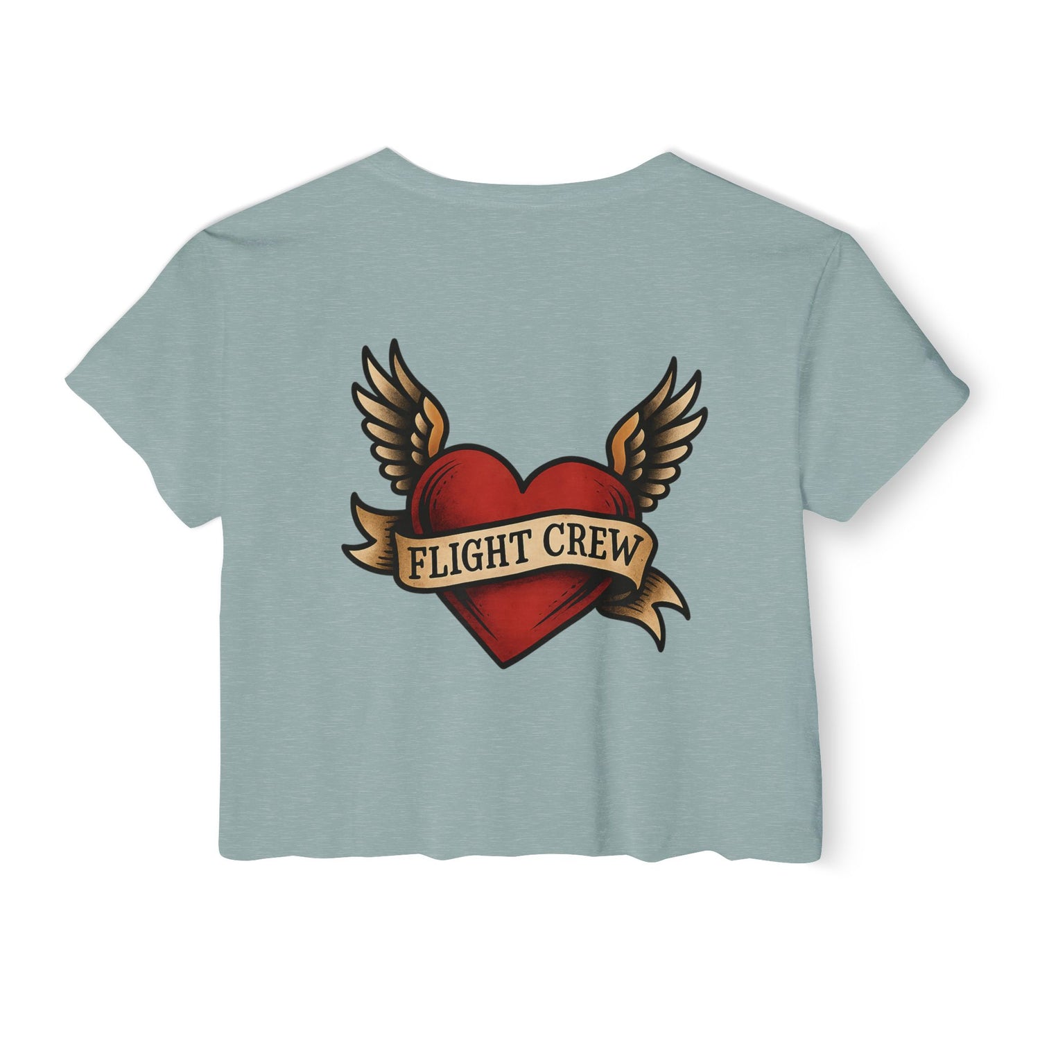 Light green crop top with a red heart and wings design featuring 'FLIGHT CREW' text on a white background