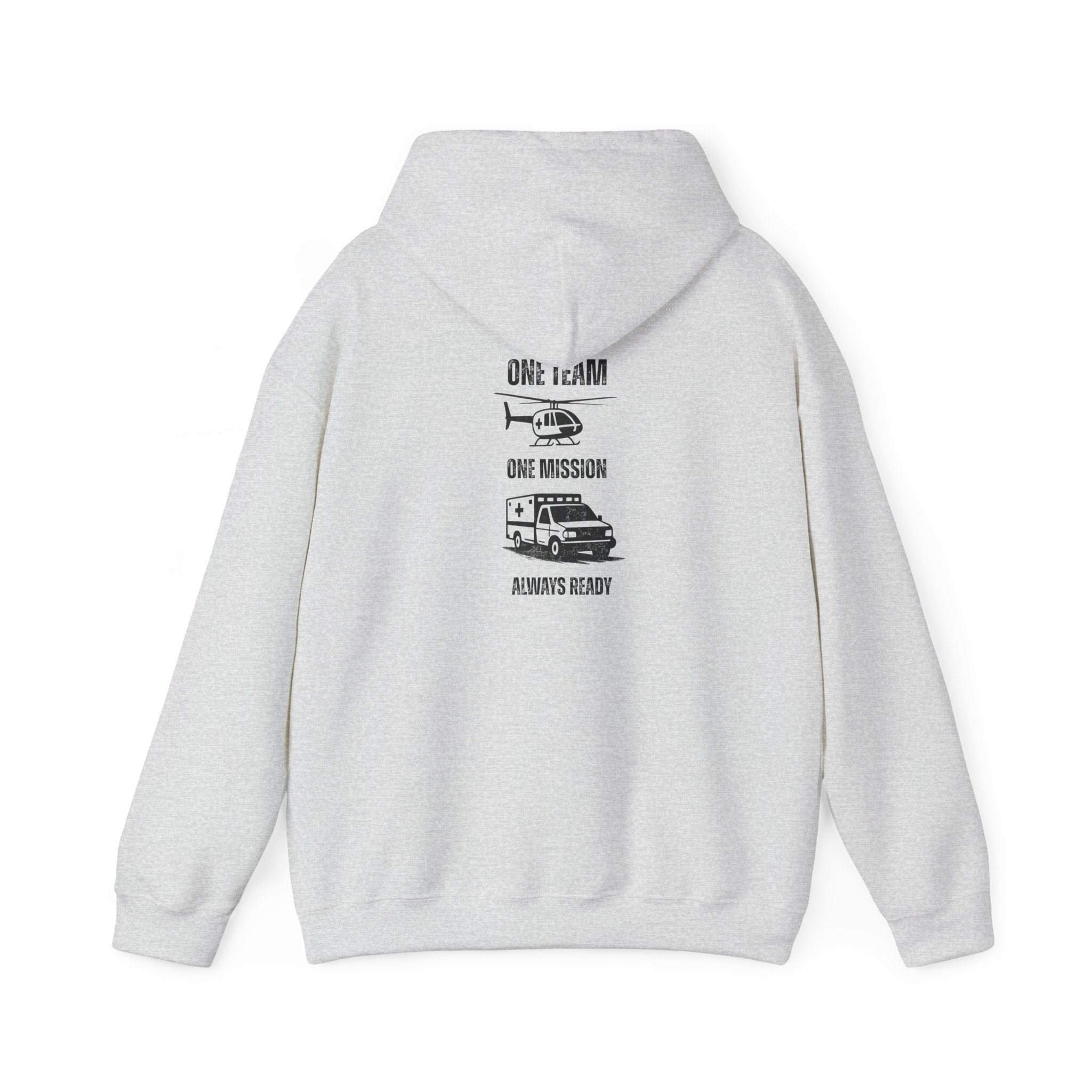 Gray hoodie with black text "One team, one mission, always ready" with medical helicopter and ambulance graphics on the back against a white background