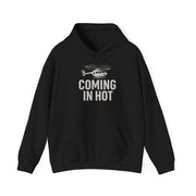 Black hoodie with helicopter graphic and 'COMING IN HOT' text on a white background