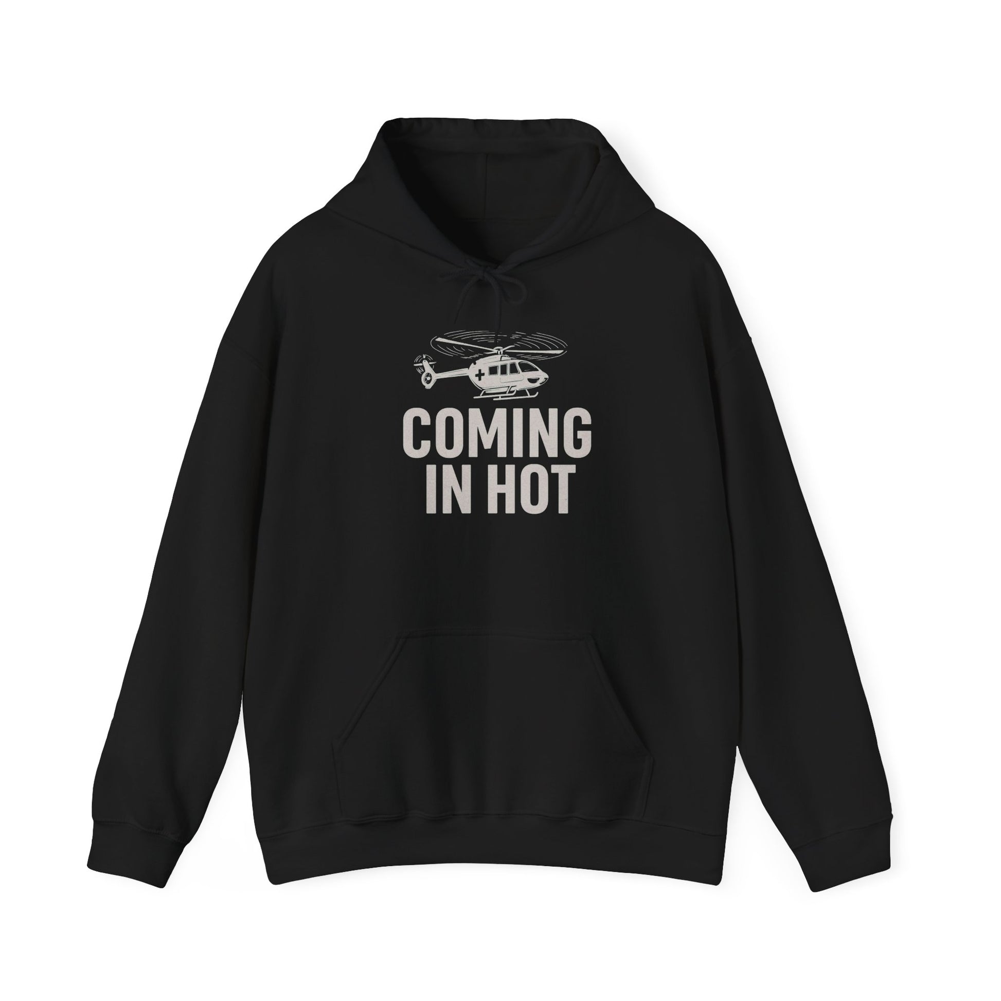 Black hoodie with helicopter graphic and 'COMING IN HOT' text on a white background