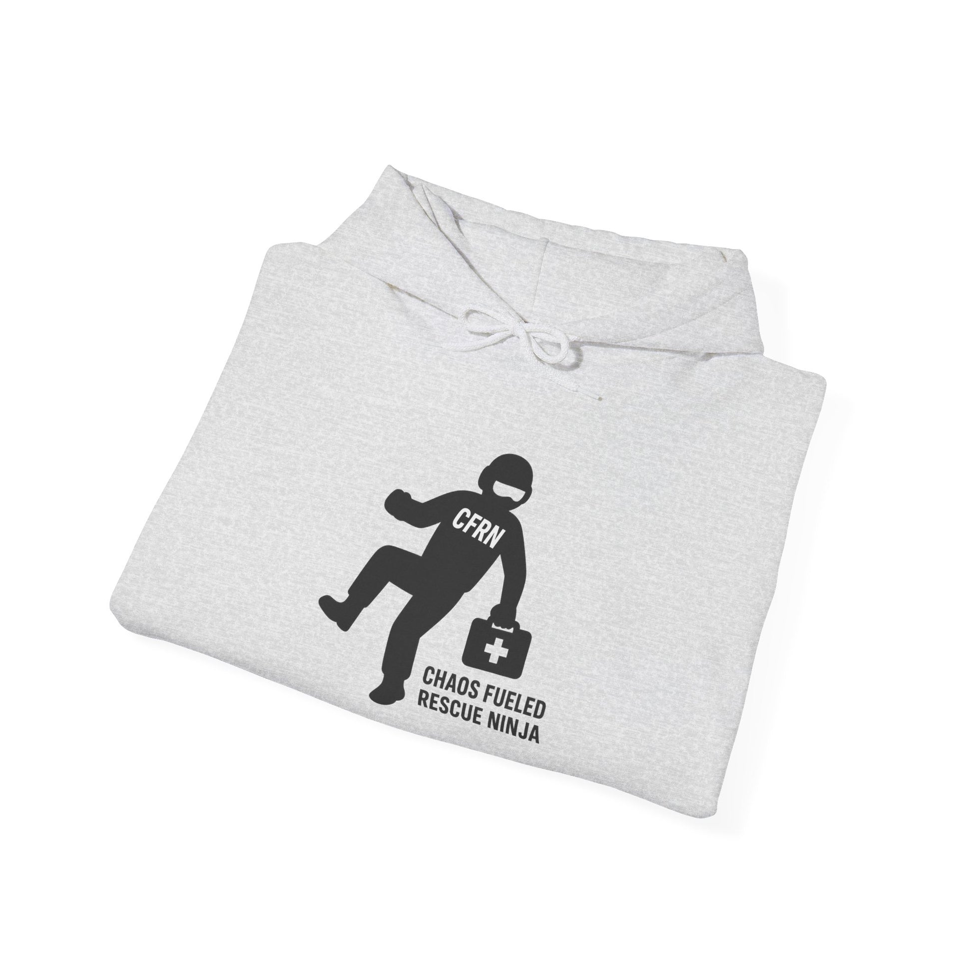 Folded gray hoodie with a graphic design of a flight nurse/ninja with "CFRN" on their chest and the text "chaos fueled rescue ninja" on a white background by Rotor Wash & Wear