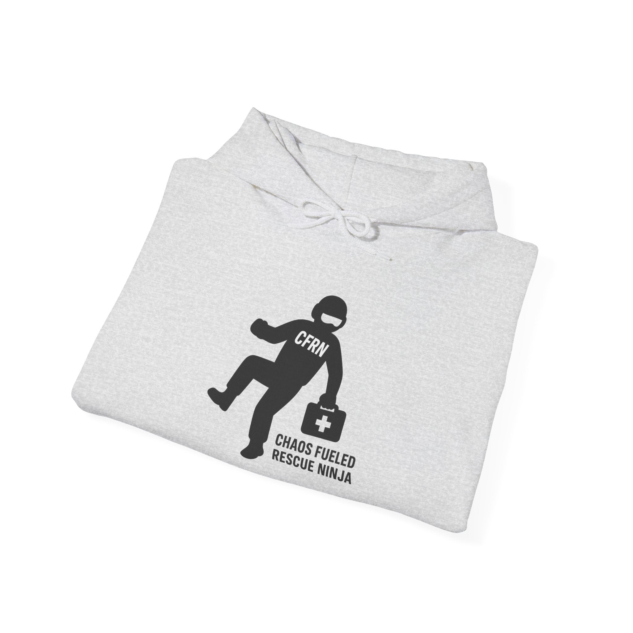 Folded gray hoodie with a graphic design of a flight nurse/ninja with "CFRN" on their chest and the text "chaos fueled rescue ninja" on a white background by Rotor Wash & Wear