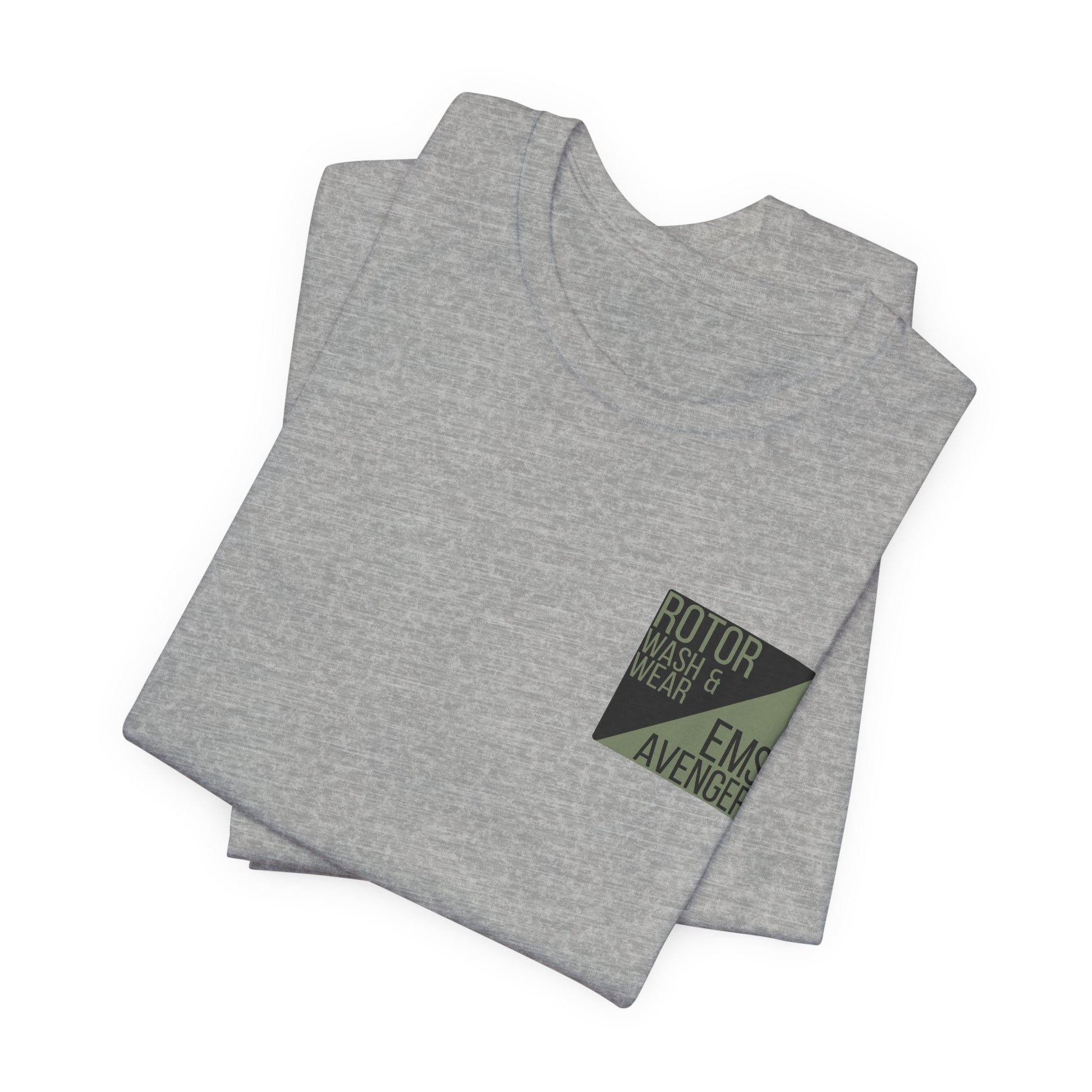 Folded gray t-shirt with a logo on the chest of "Rotor Wash & Wear' and "EMS Avenger" against a white background
