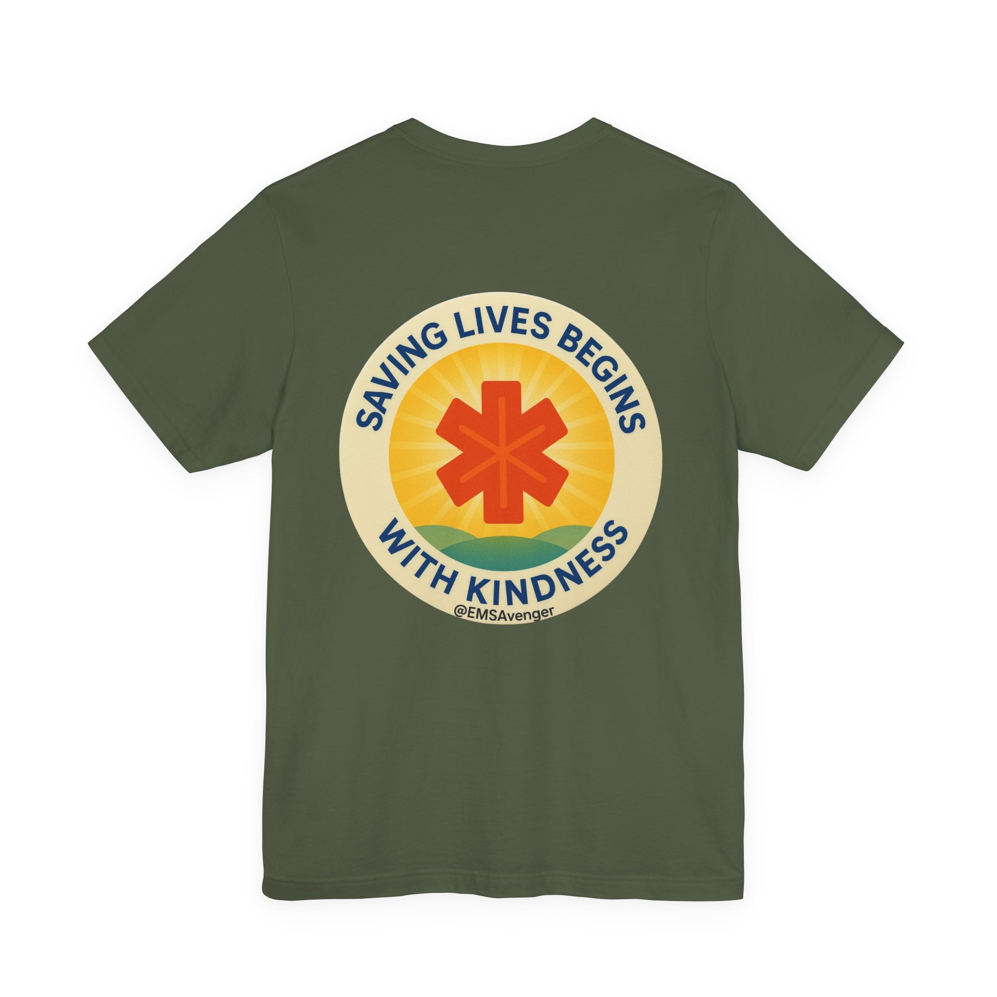 Military green t-shirt with a circular design featuring a star of life symbol and text "Saving lives begins with kindness, EMS Avenger" on the back, on a white background.