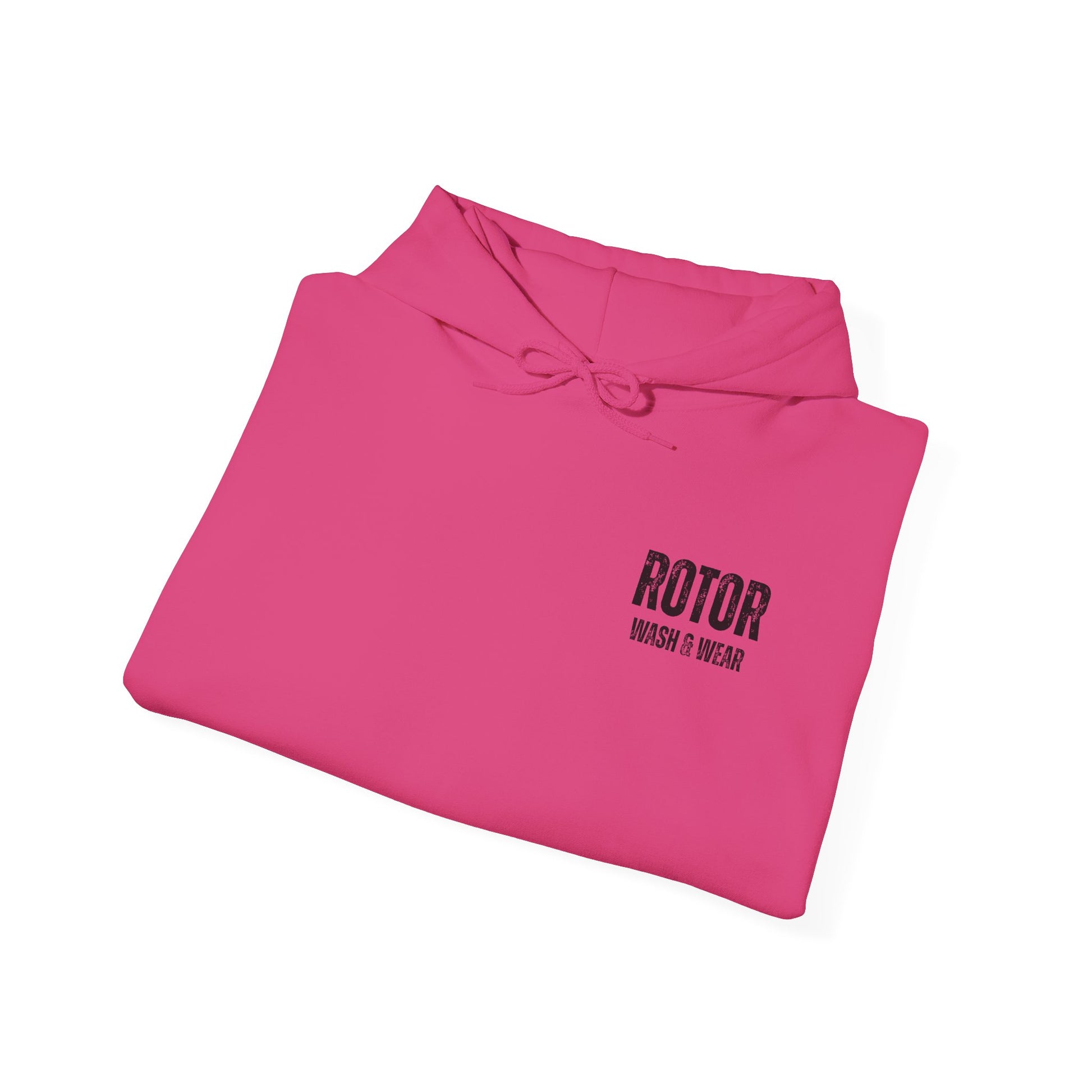 Folded pink hoodie with 'Rotor Wash & Wear' text on a white background