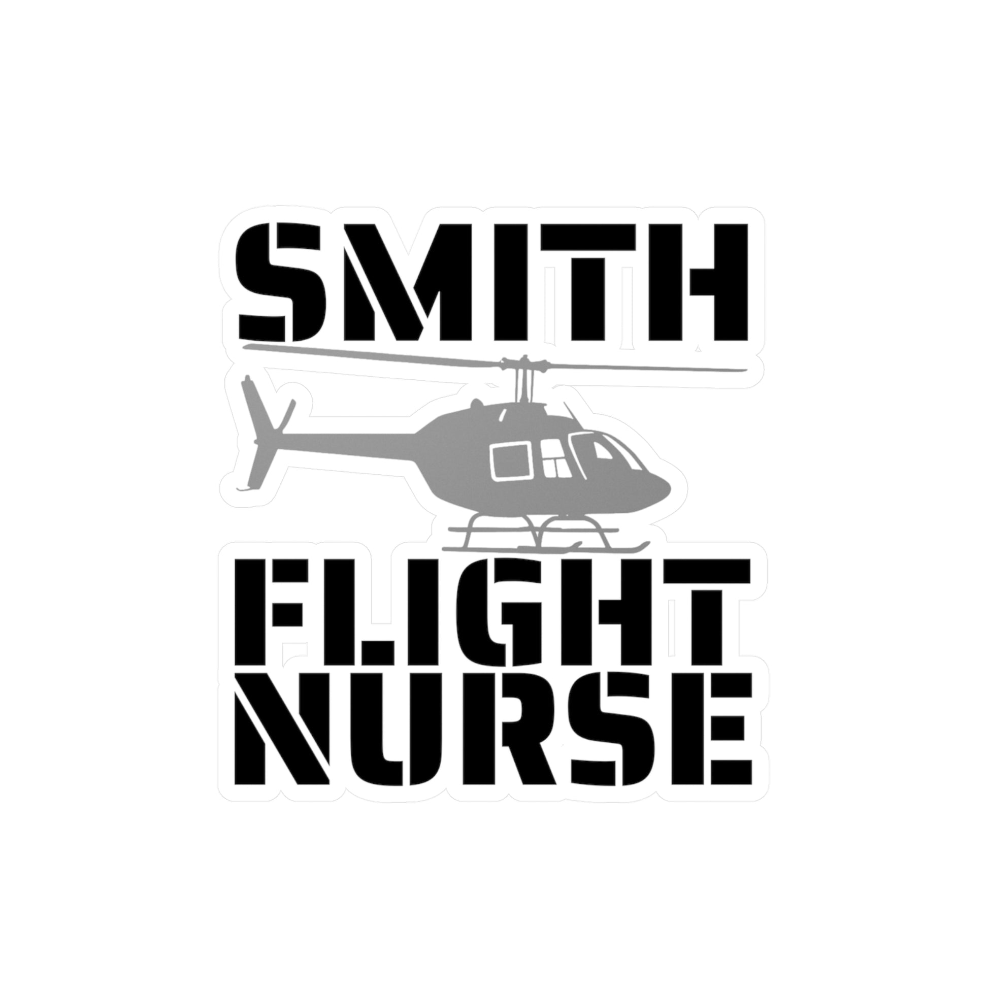 Customizable sticker with helicopter silhouette and text 'SMITH FLIGHT NURSE' on a white background