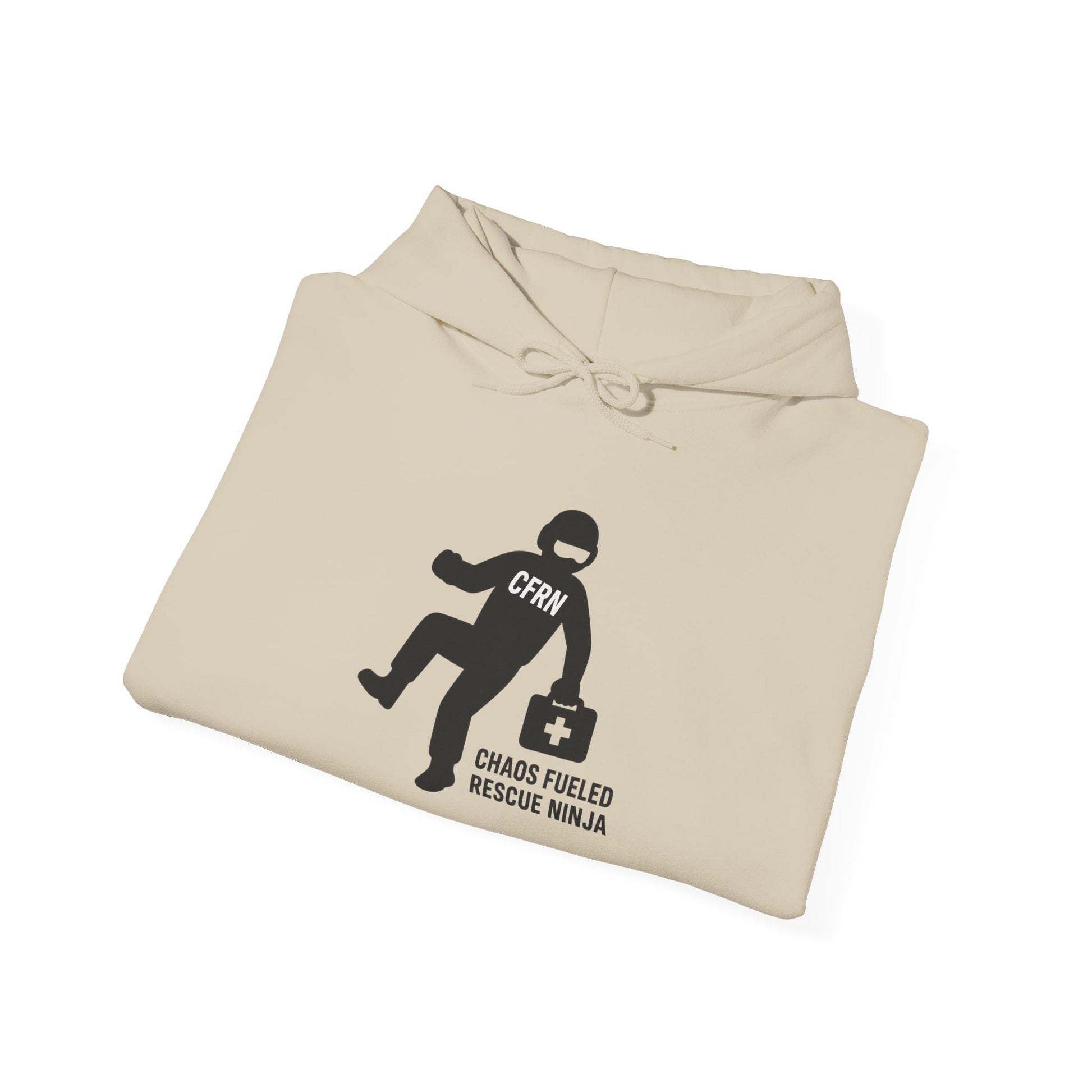 Sand hoodie with a graphic design of a flight nurse/ninja with "CFRN" on their chest and the text "chaos fueled rescue ninja" on a white background