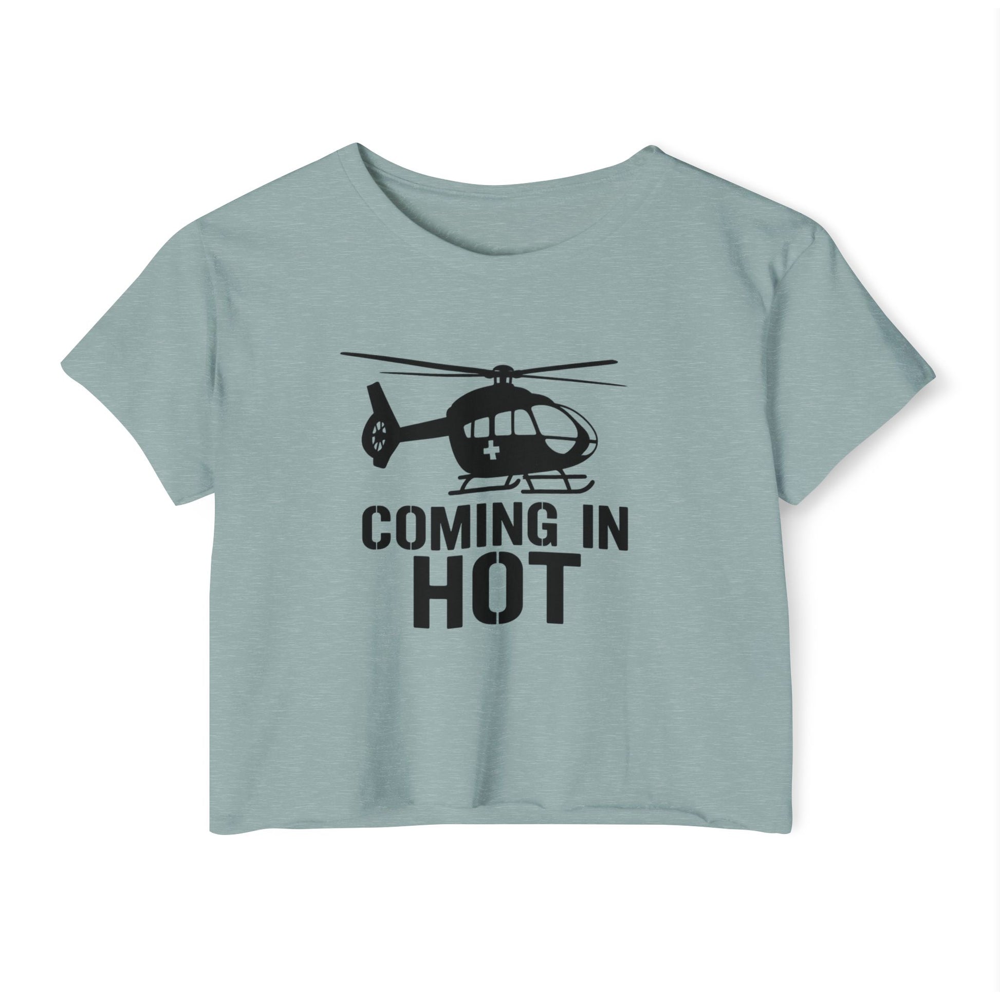 Light green crop top with helicopter graphic and text 'COMING IN HOT' on a white background