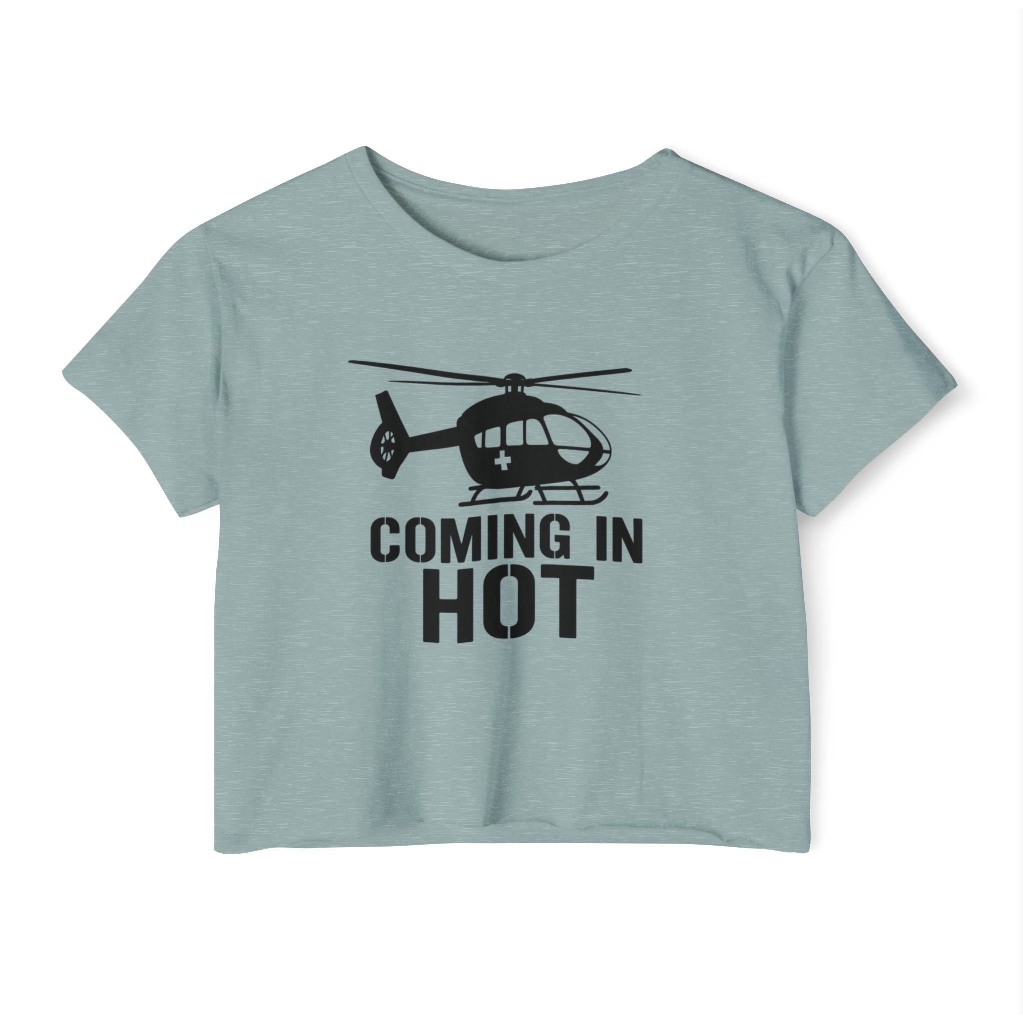 Light green crop top with helicopter graphic and text 'COMING IN HOT' on a white background