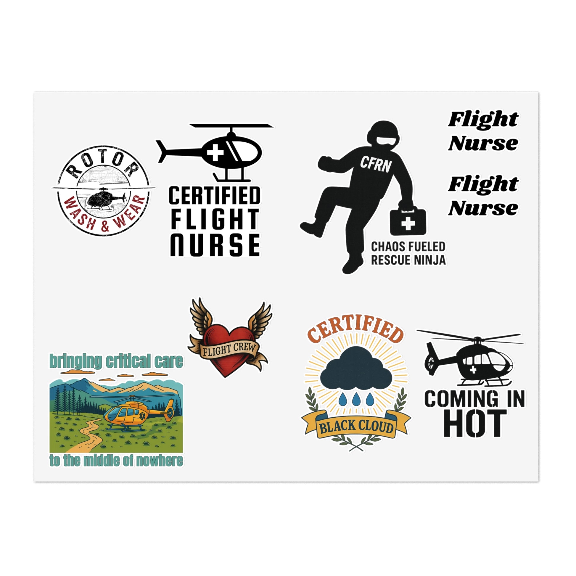 Collection of CFRN flight nurse-themed stickers on a white background by Rotor Wash & Wear