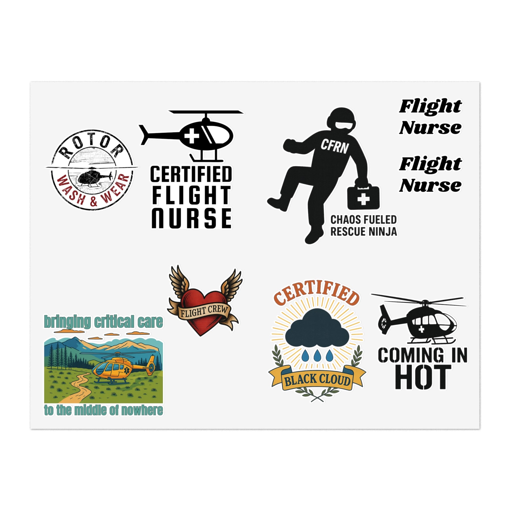 Collection of CFRN flight nurse-themed stickers on a white background by Rotor Wash & Wear